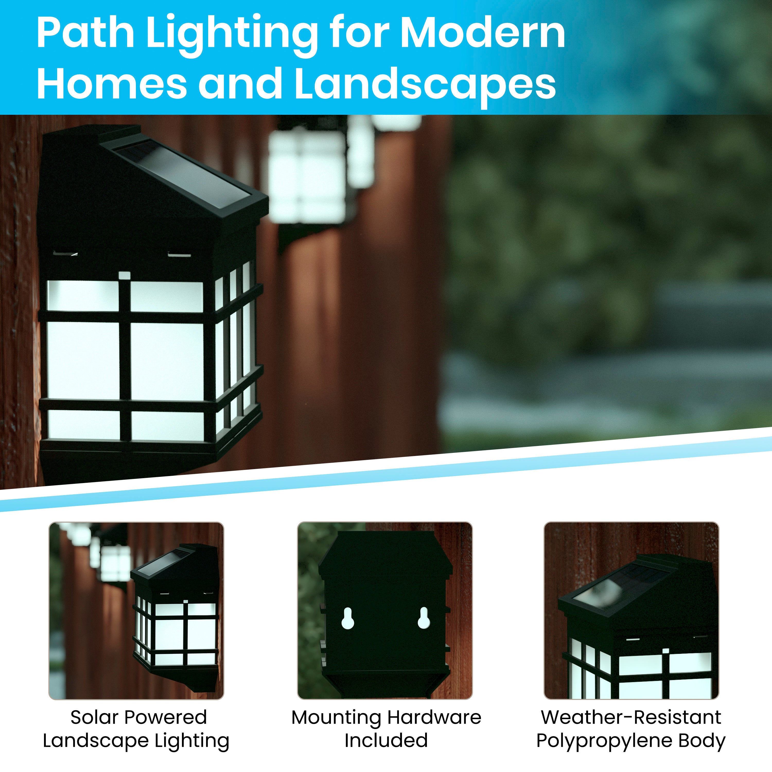Holder 6 Pack Wall Mount LED Solar Lights - Weather Resistant Black Decorative Solar Powered Lights - Deck and Fencing Solar Lights