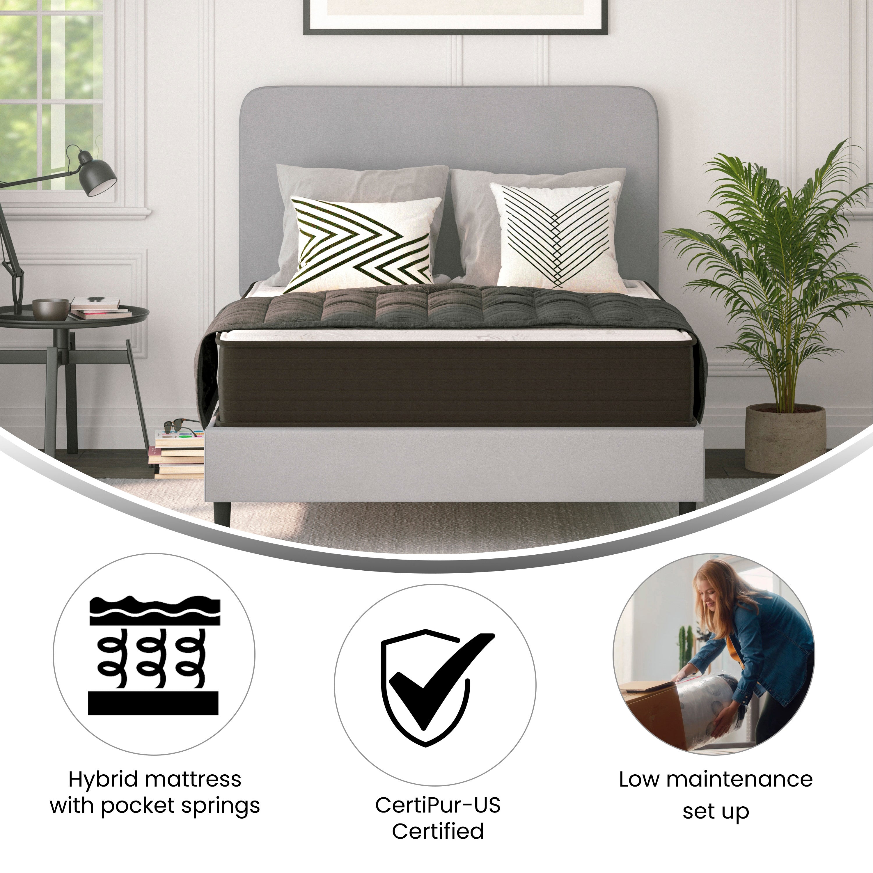 Dream 10 Inch Hybrid Mattress, Full Size High Density Foam and Pocket Spring Mattress in a Box, CertiPur-US Certified Foam, White/Black