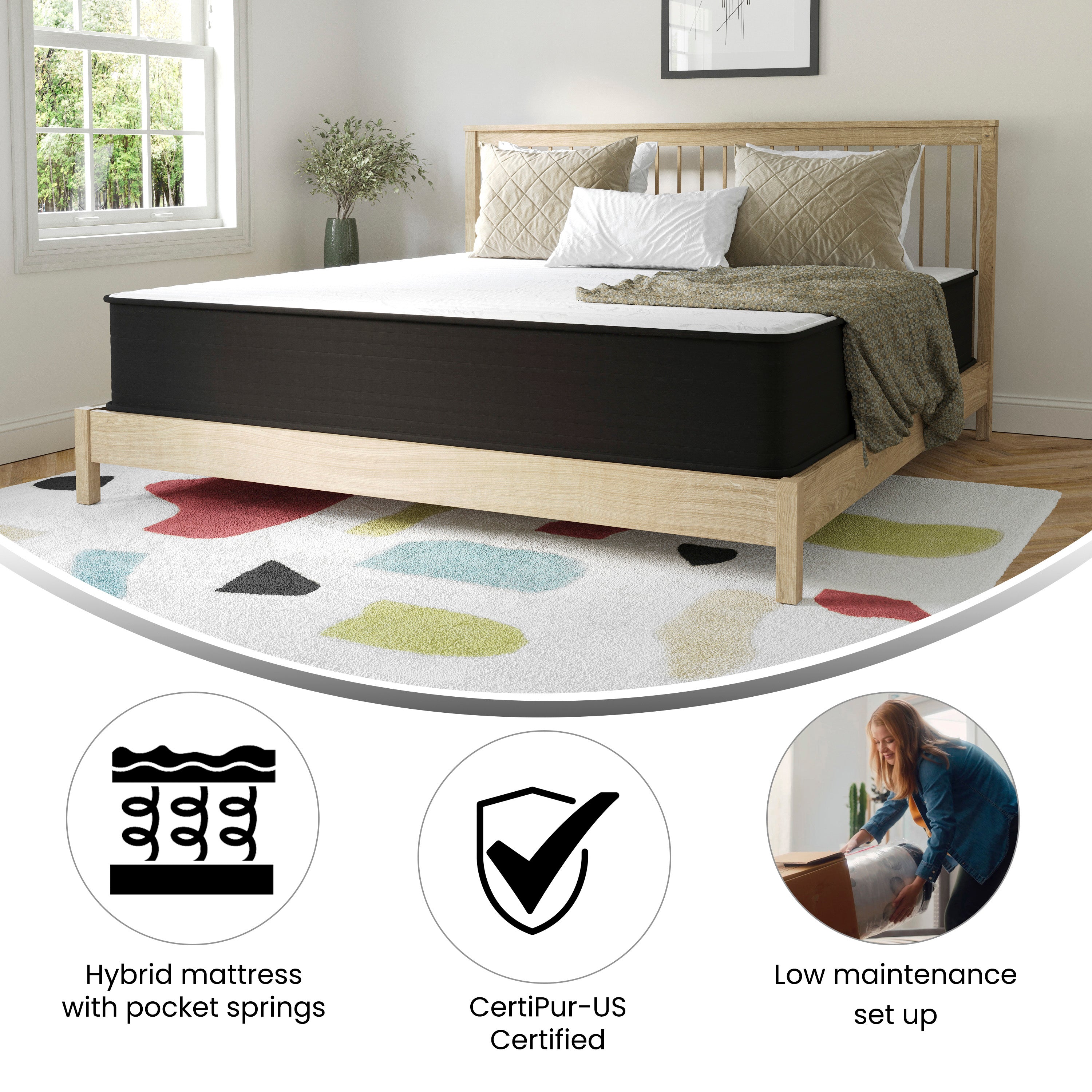Dream 12 Inch Hybrid Mattress, King Size High Density Foam and Pocket Spring Mattress in a Box, CertiPur-US Certified Foam, White/Black