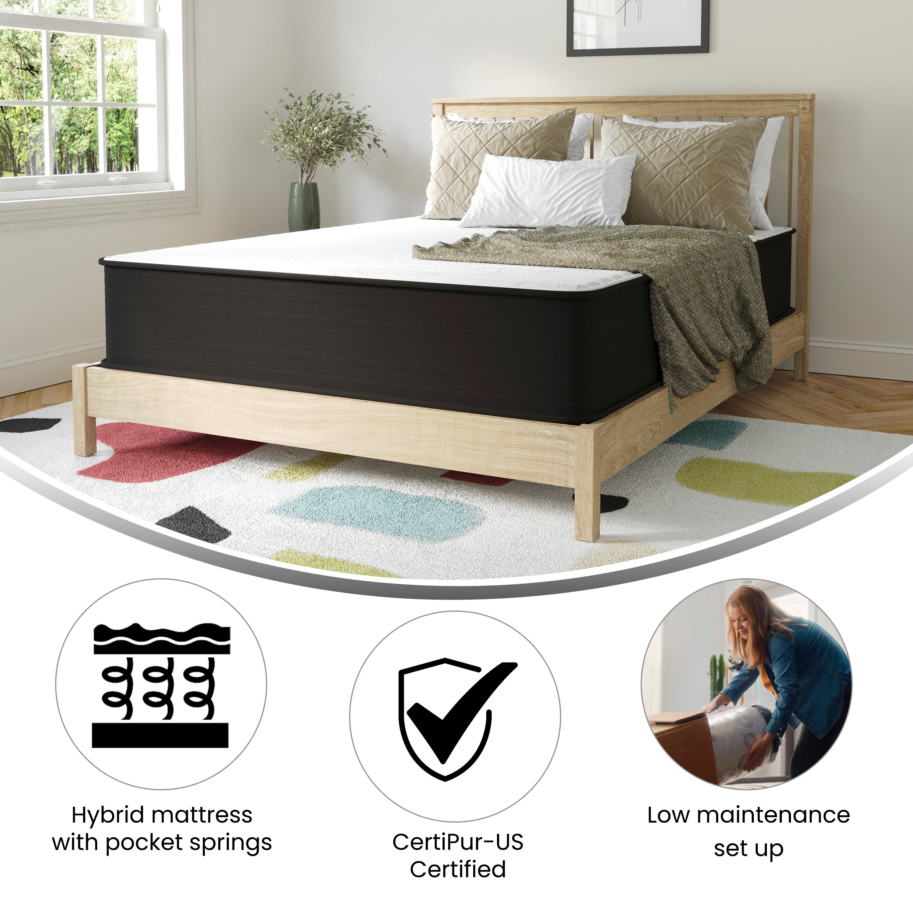 Dream 12 Inch Hybrid Mattress, Queen Size High Density Foam and Pocket Spring Mattress in a Box, CertiPur-US Certified Foam, White/Black