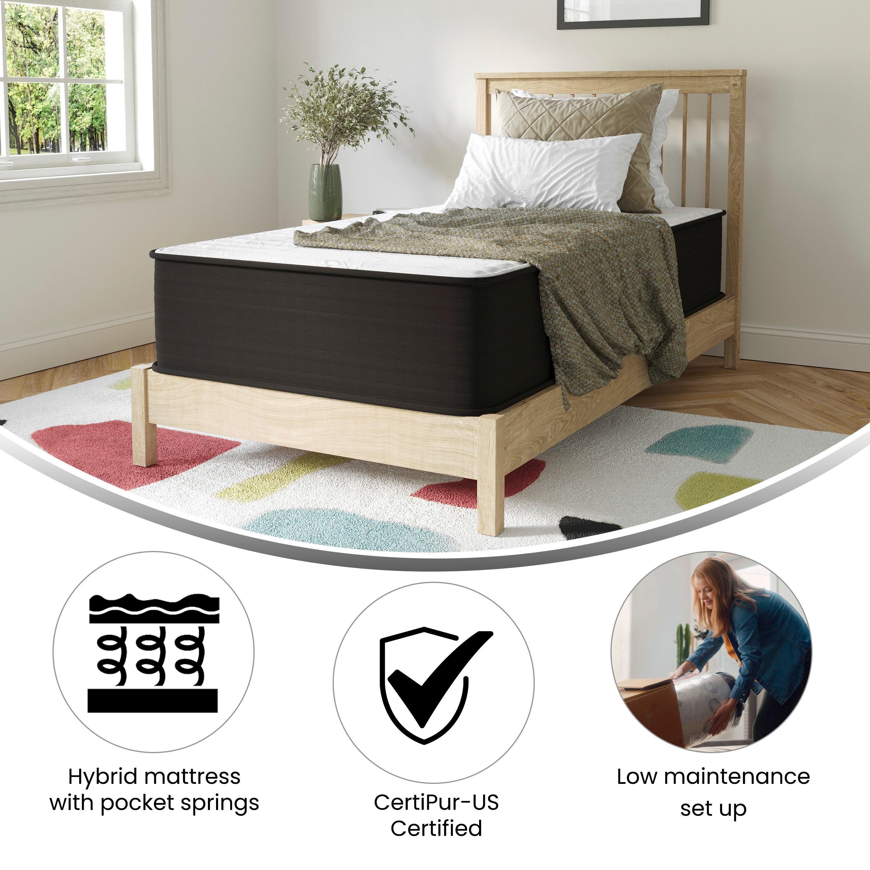 Dream 12 Inch Hybrid Mattress, Twin Size High Density Foam and Pocket Spring Mattress in a Box, CertiPur-US Certified Foam, White/Black