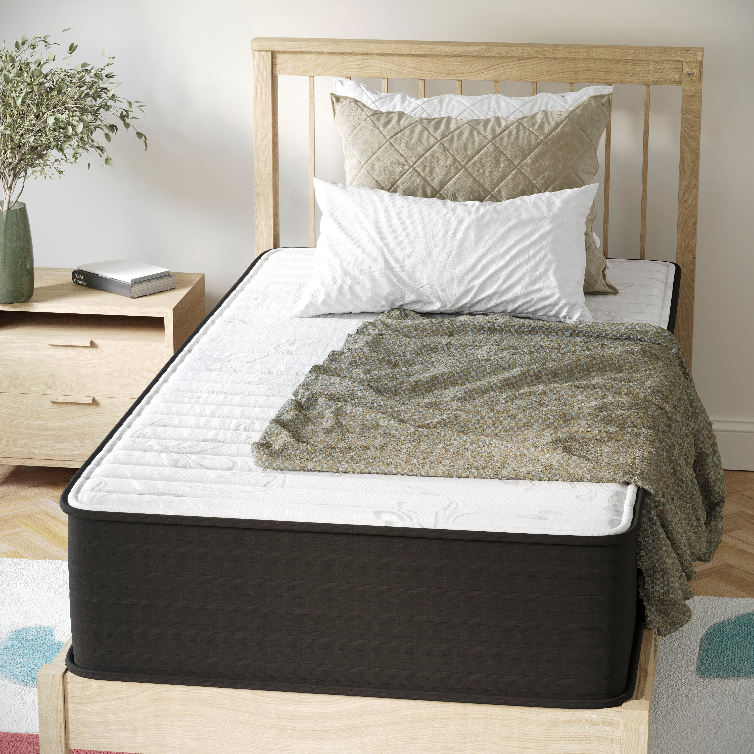 Dream 12 Inch Hybrid Mattress, Twin Size High Density Foam and Pocket Spring Mattress in a Box, CertiPur-US Certified Foam, White/Black