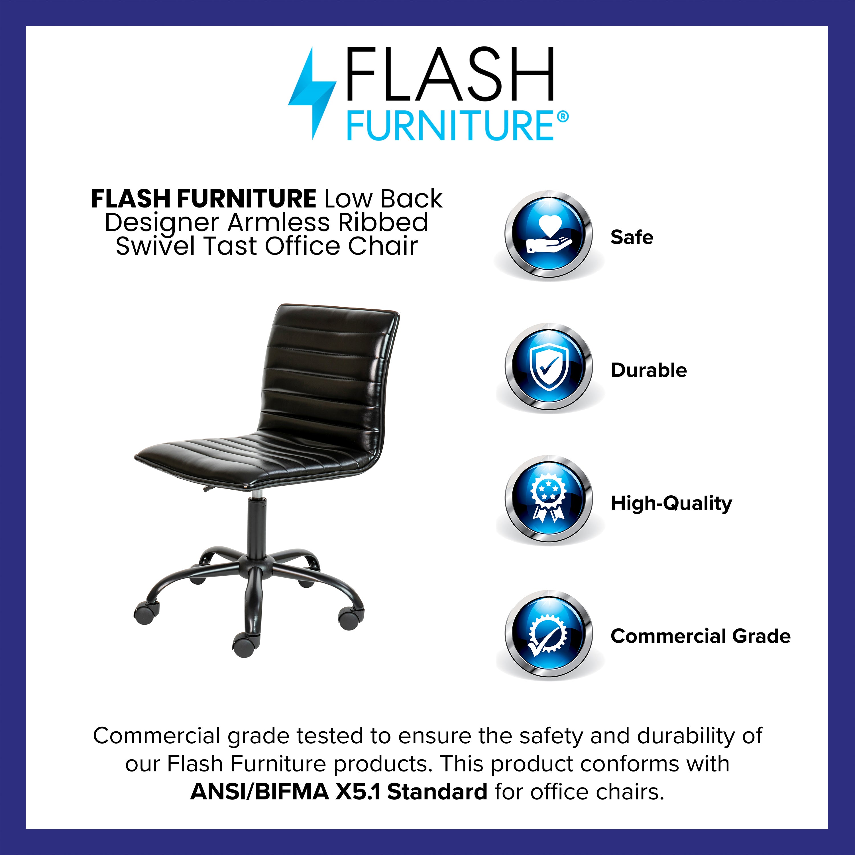 Alan Low Back Designer Armless Black Ribbed Swivel Task Office Chair with Black Frame and Base