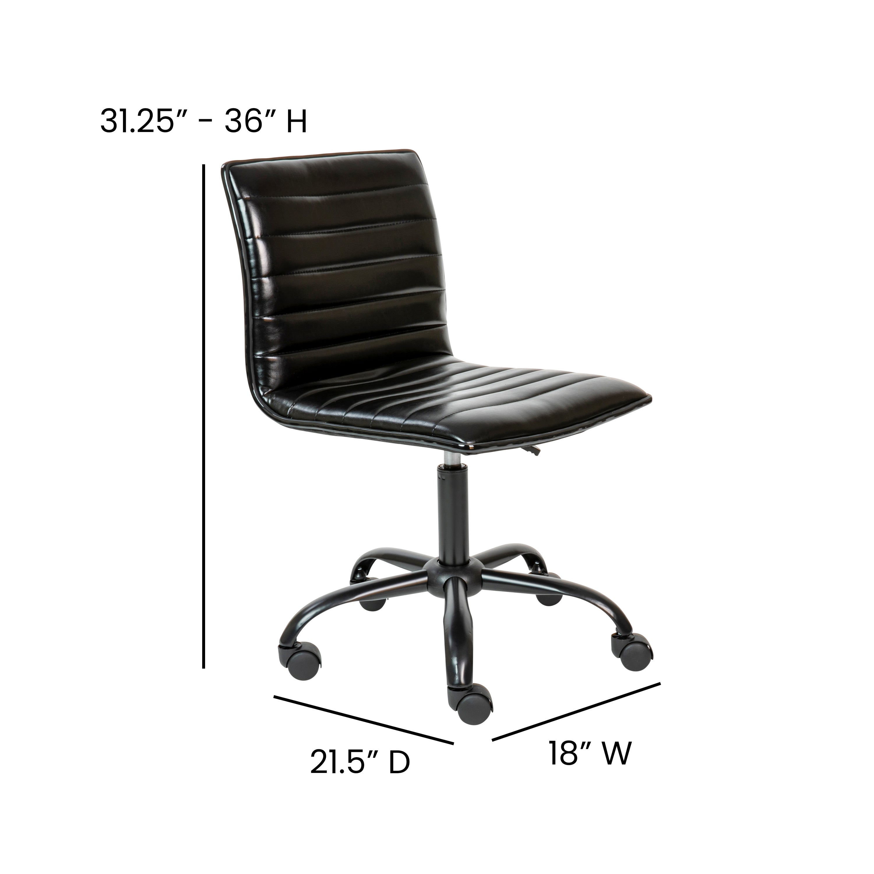 Alan Low Back Designer Armless Black Ribbed Swivel Task Office Chair with Black Frame and Base