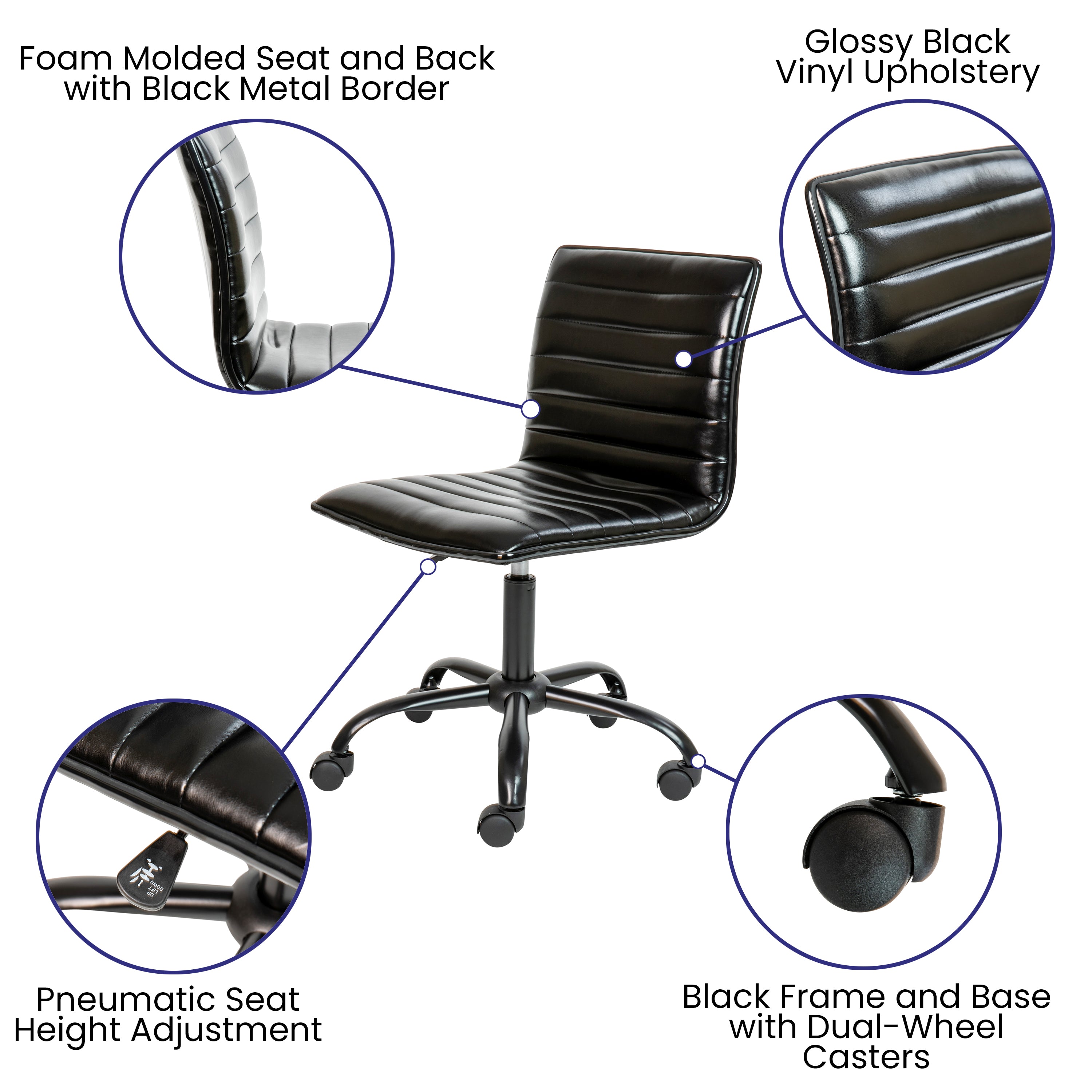 Alan Low Back Designer Armless Black Ribbed Swivel Task Office Chair with Black Frame and Base