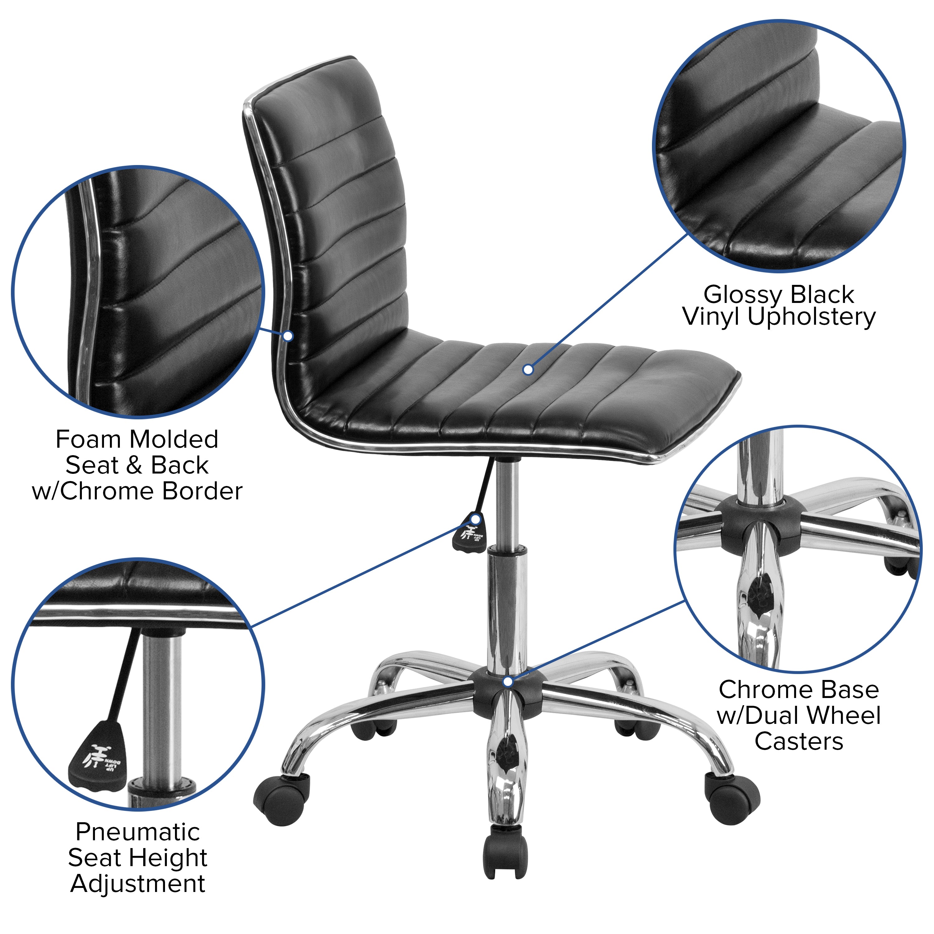 Alan Low Back Designer Armless Black Ribbed Swivel Task Office Chair