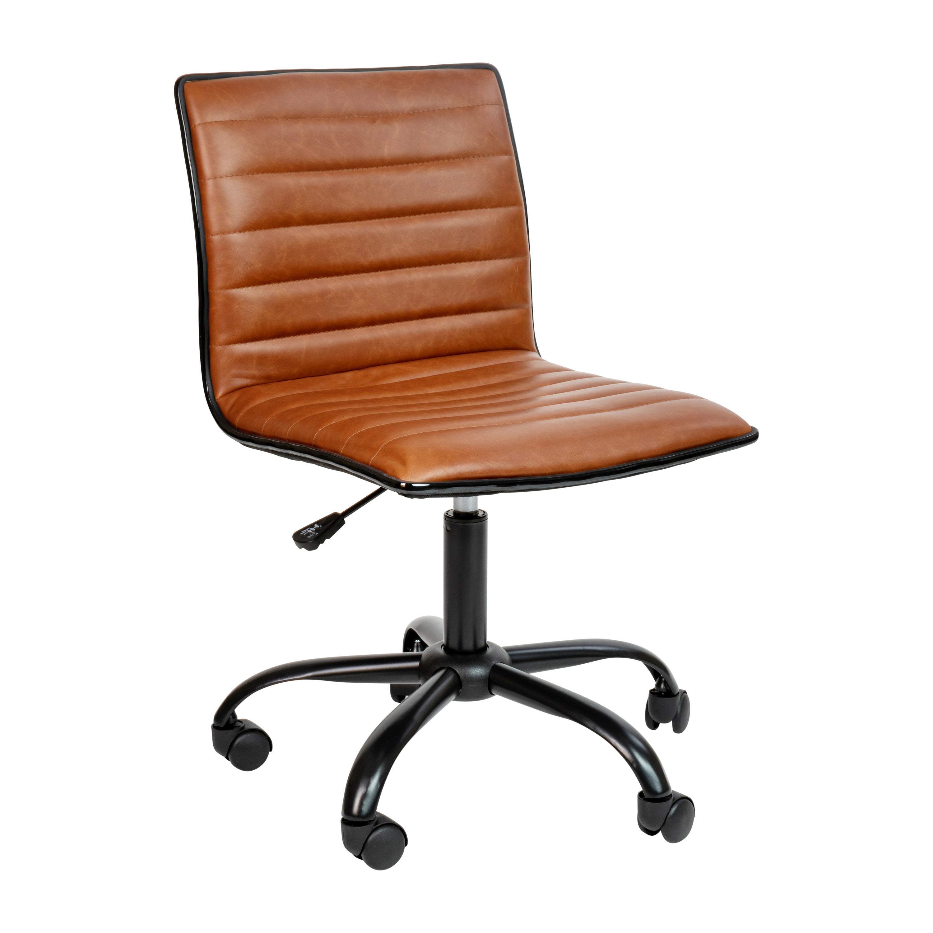 Alan Low Back Designer Armless Brown Ribbed Swivel Task Office Chair with Black Frame and Base
