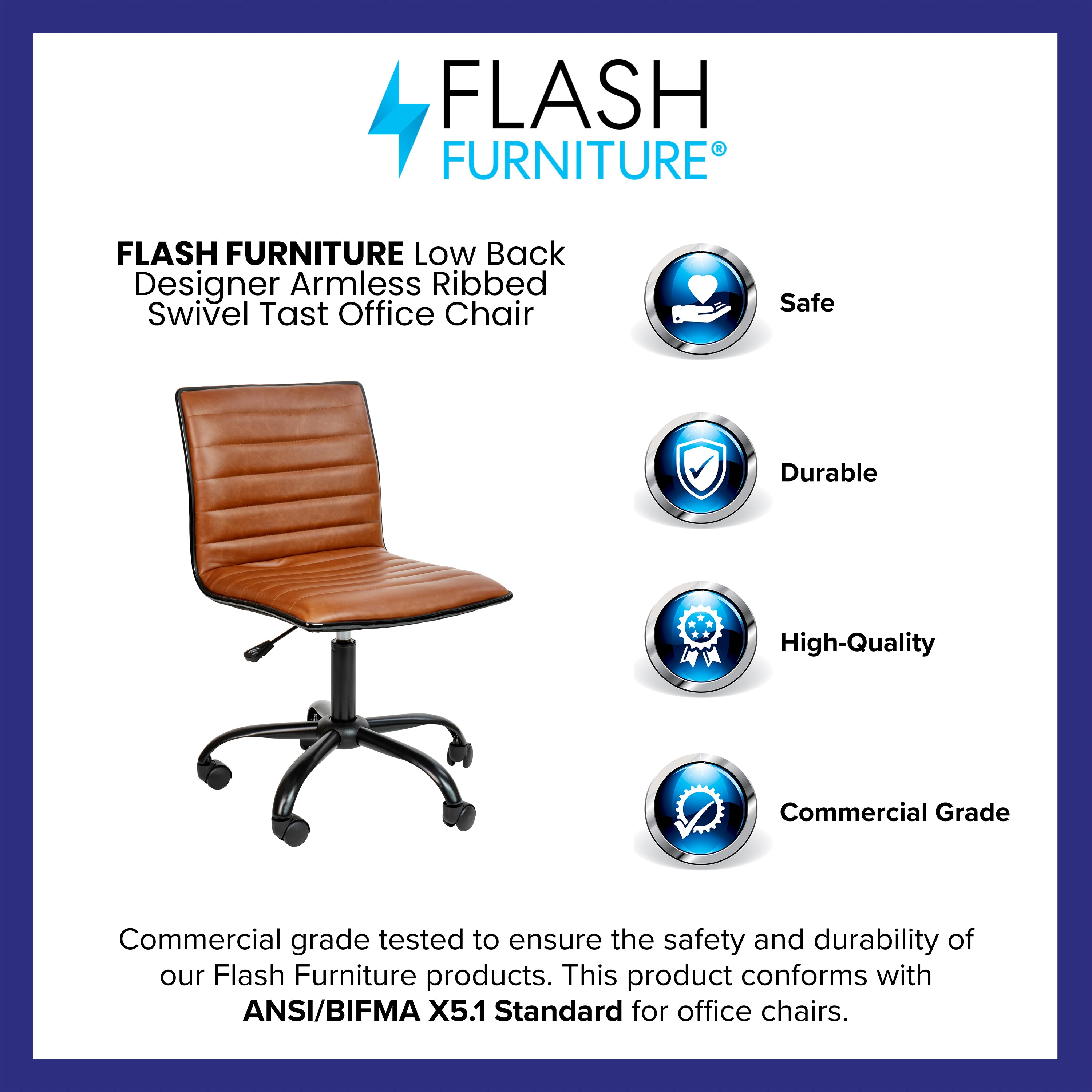 Alan Low Back Designer Armless Brown Ribbed Swivel Task Office Chair with Black Frame and Base