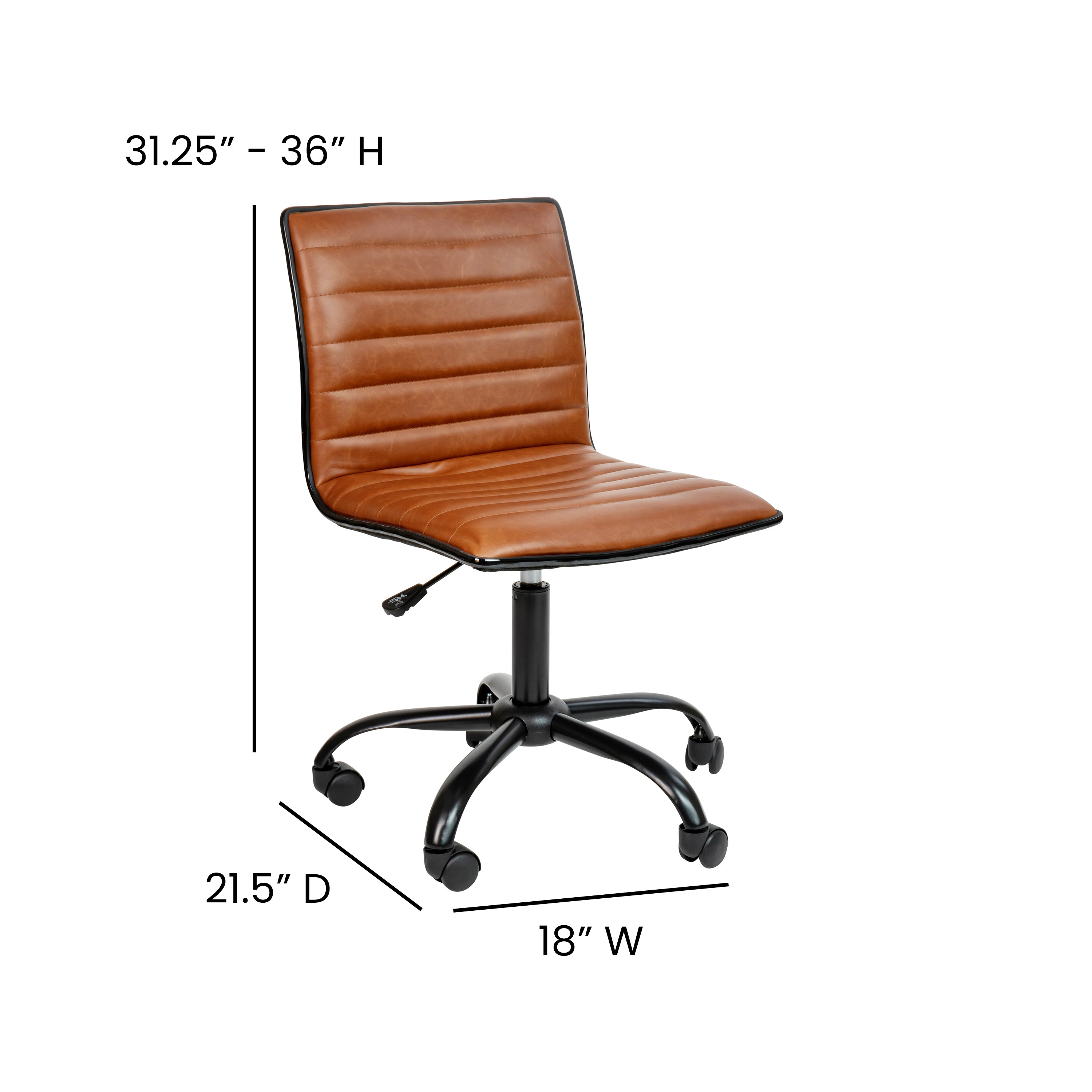 Alan Low Back Designer Armless Brown Ribbed Swivel Task Office Chair with Black Frame and Base