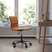 Alan Low Back Designer Armless Brown Ribbed Swivel Task Office Chair with Black Frame and Base