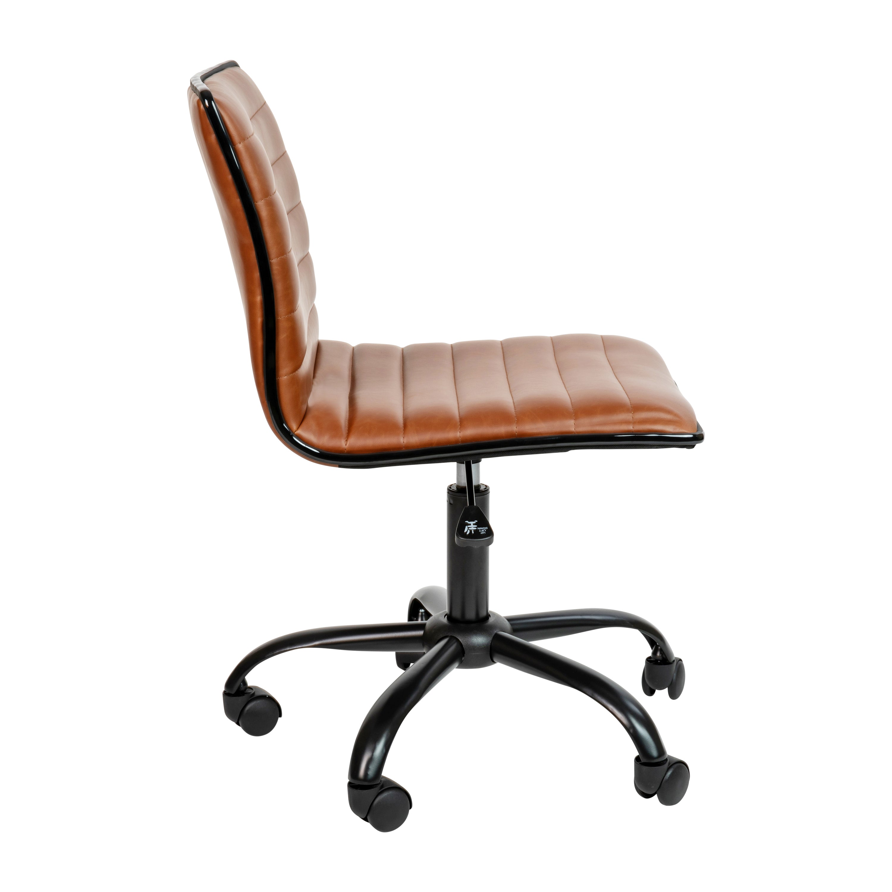 Alan Low Back Designer Armless Brown Ribbed Swivel Task Office Chair with Black Frame and Base