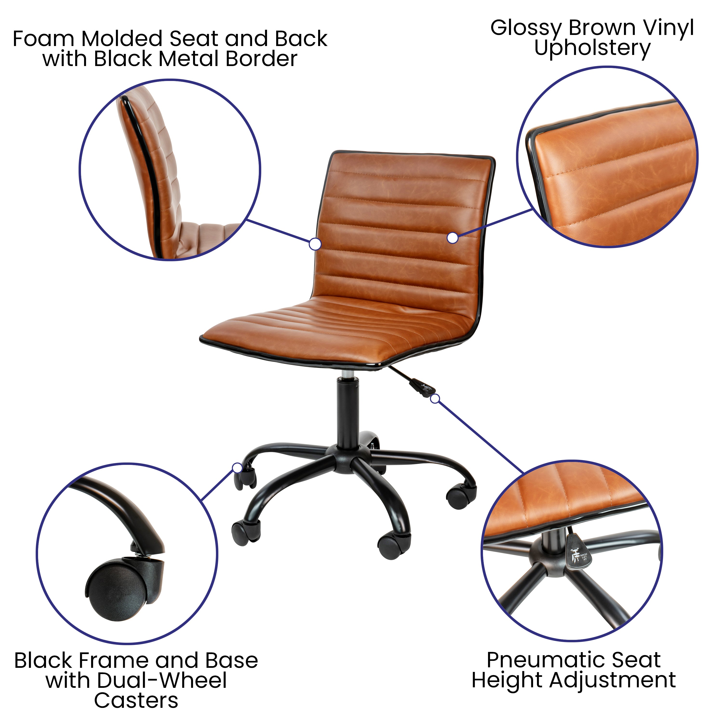 Alan Low Back Designer Armless Brown Ribbed Swivel Task Office Chair with Black Frame and Base