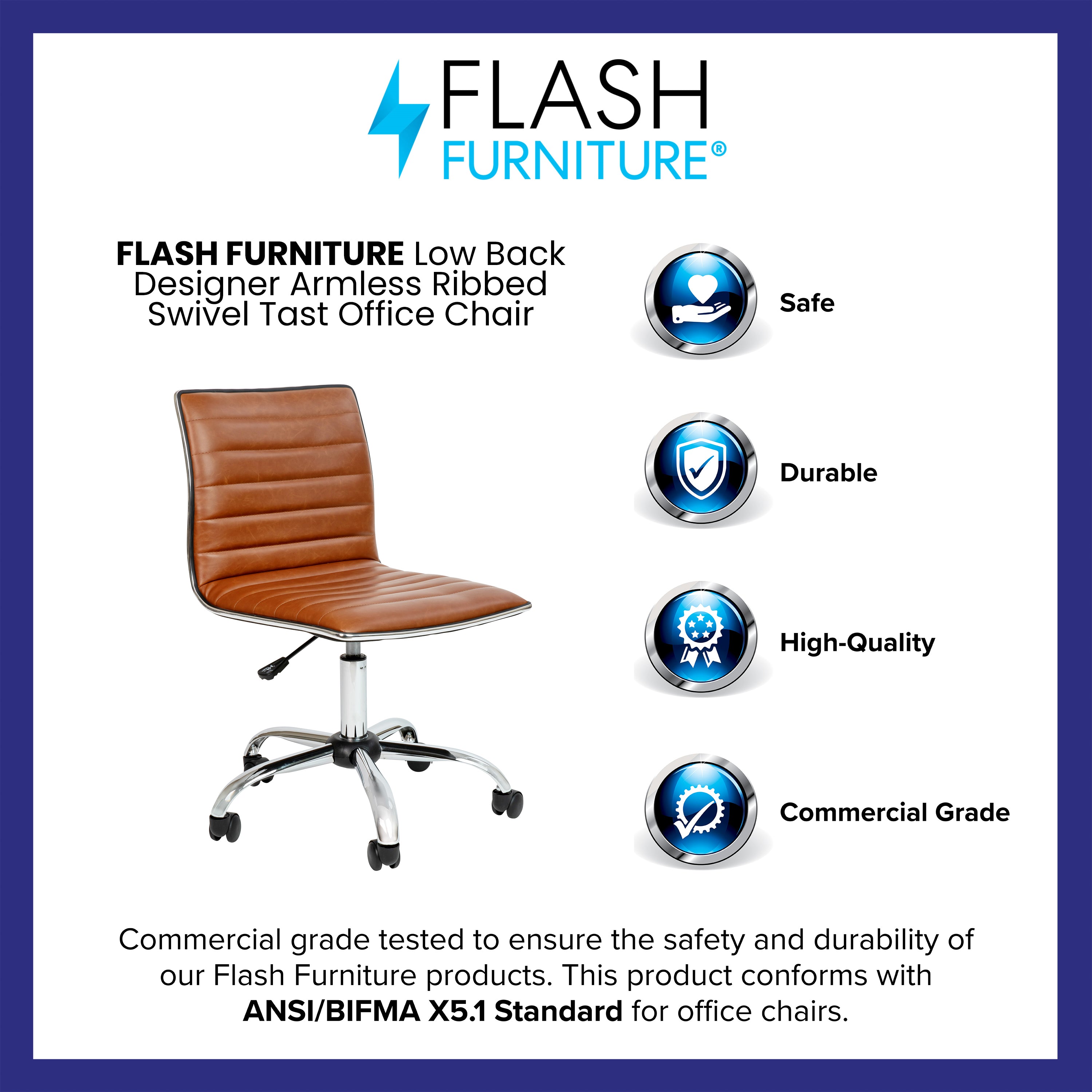 Alan Low Back Designer Armless Brown Ribbed Swivel Task Office Chair