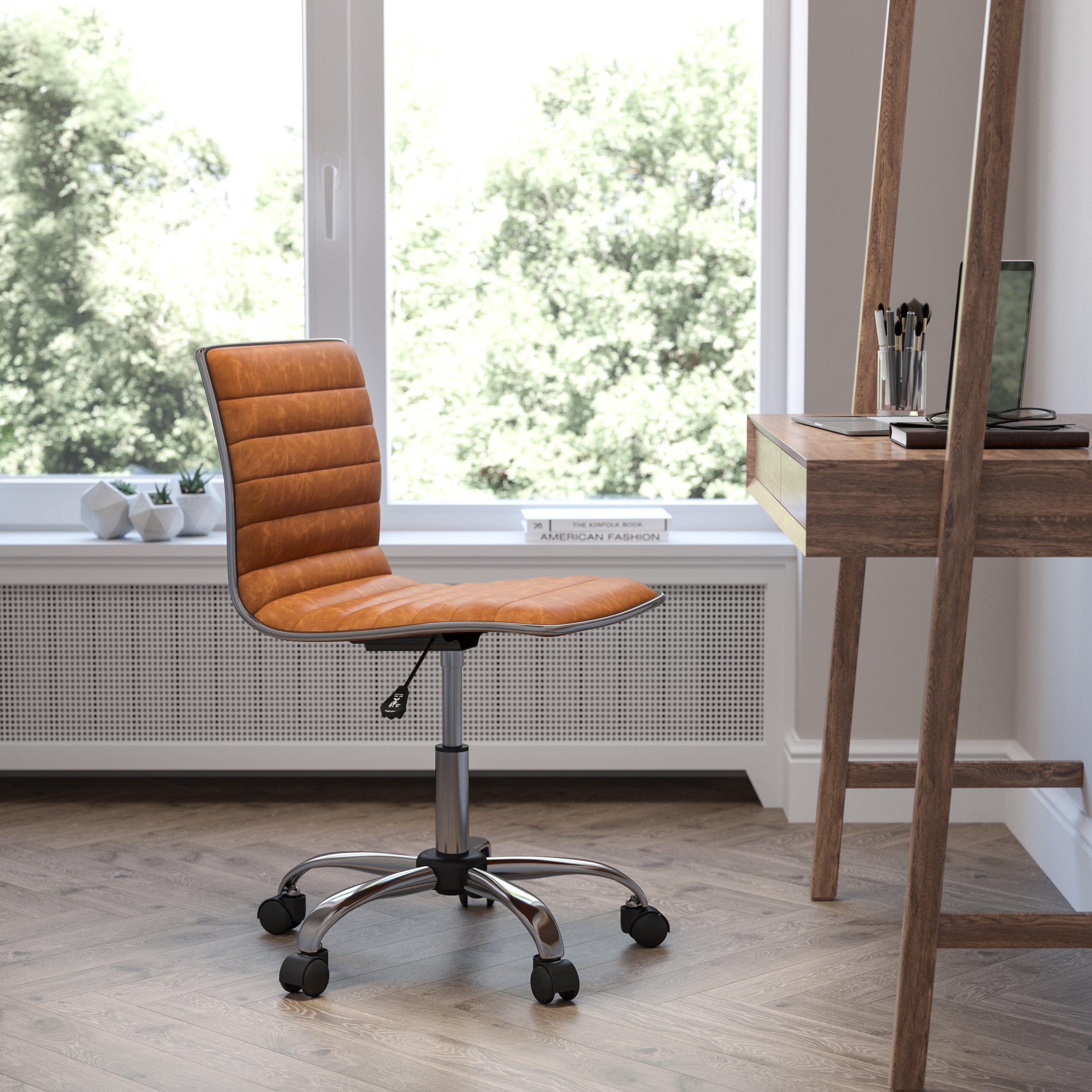 Alan Low Back Designer Armless Brown Ribbed Swivel Task Office Chair