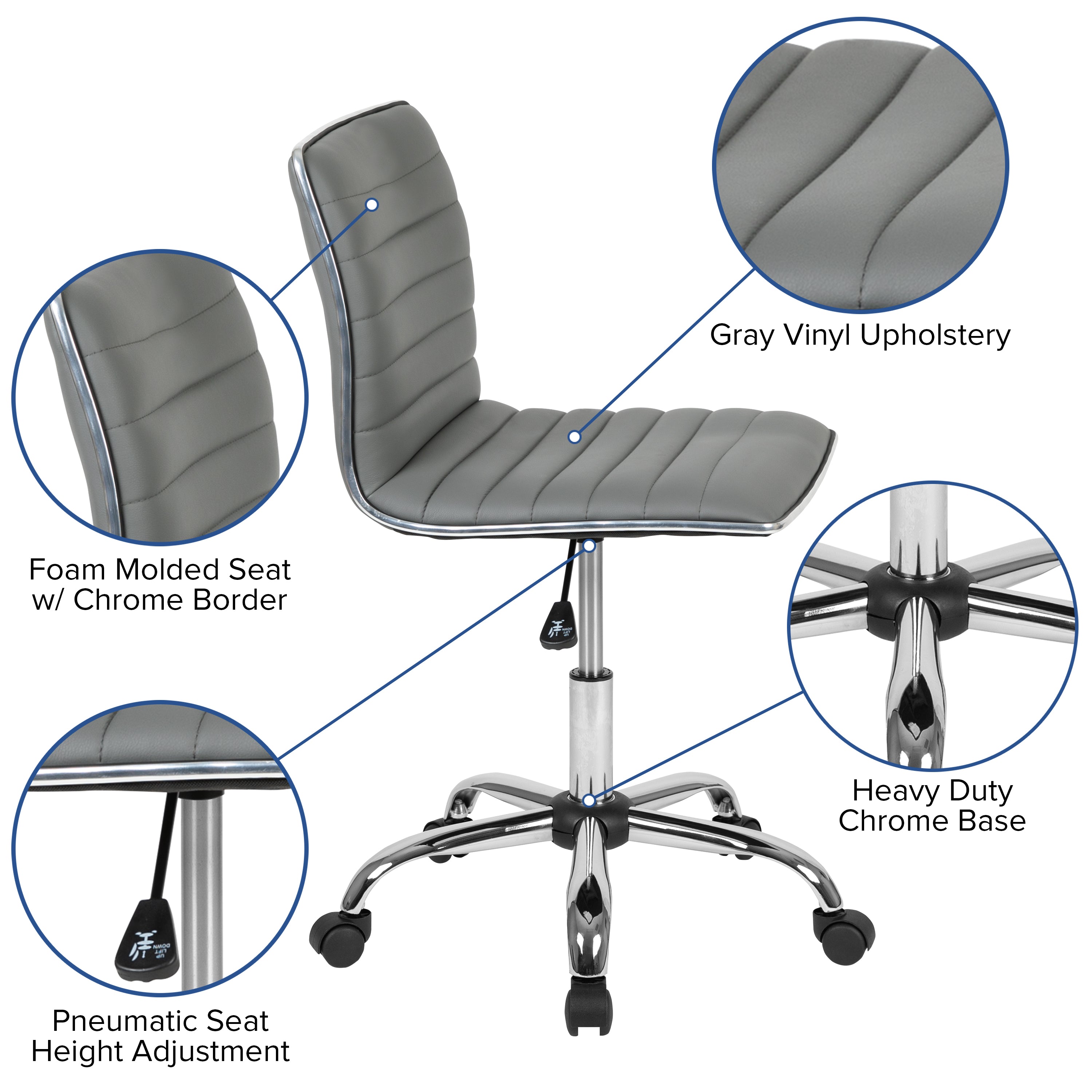 Alan Low Back Designer Armless Light Gray Ribbed Swivel Task Office Chair