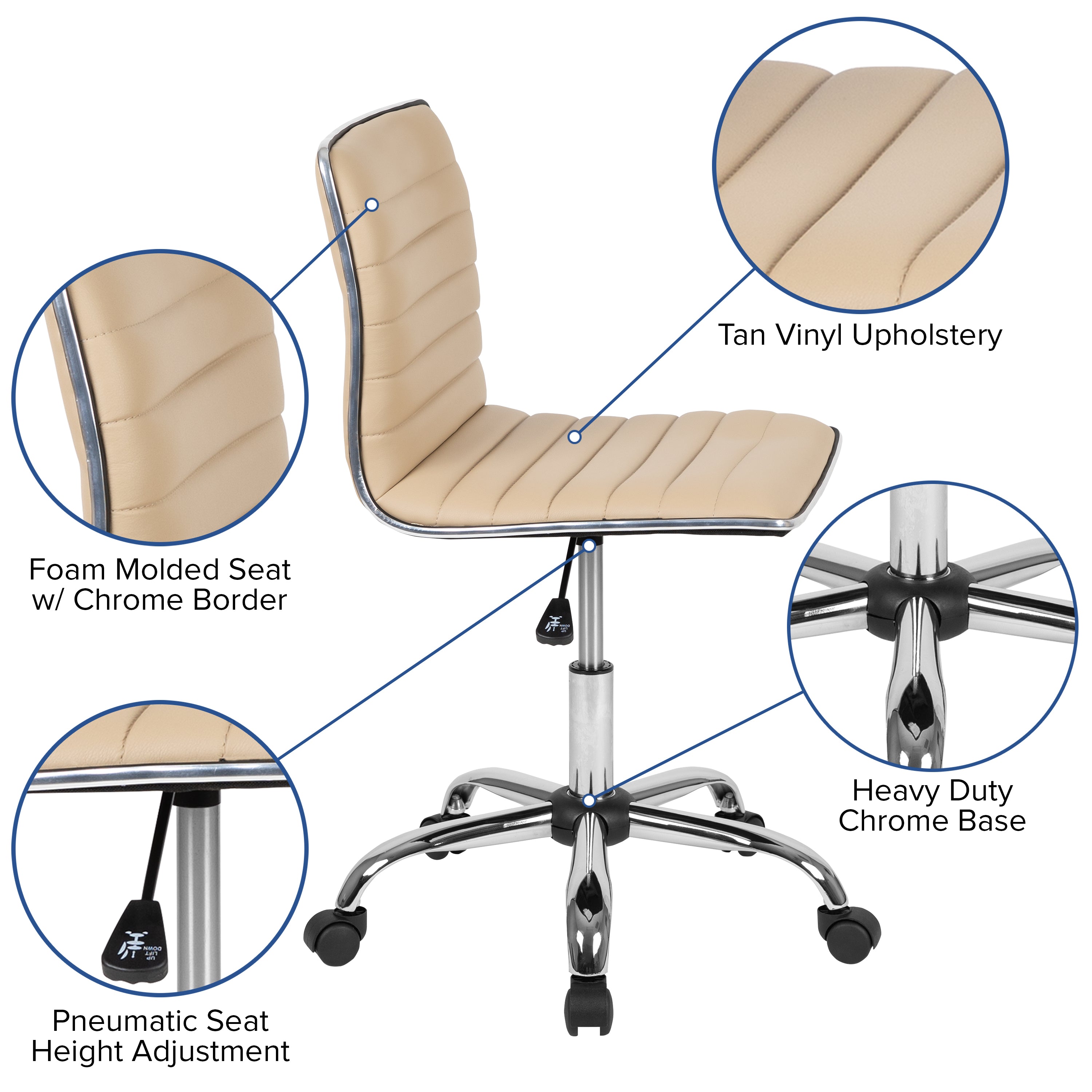 Alan Low Back Designer Armless Tan Ribbed Swivel Task Office Chair