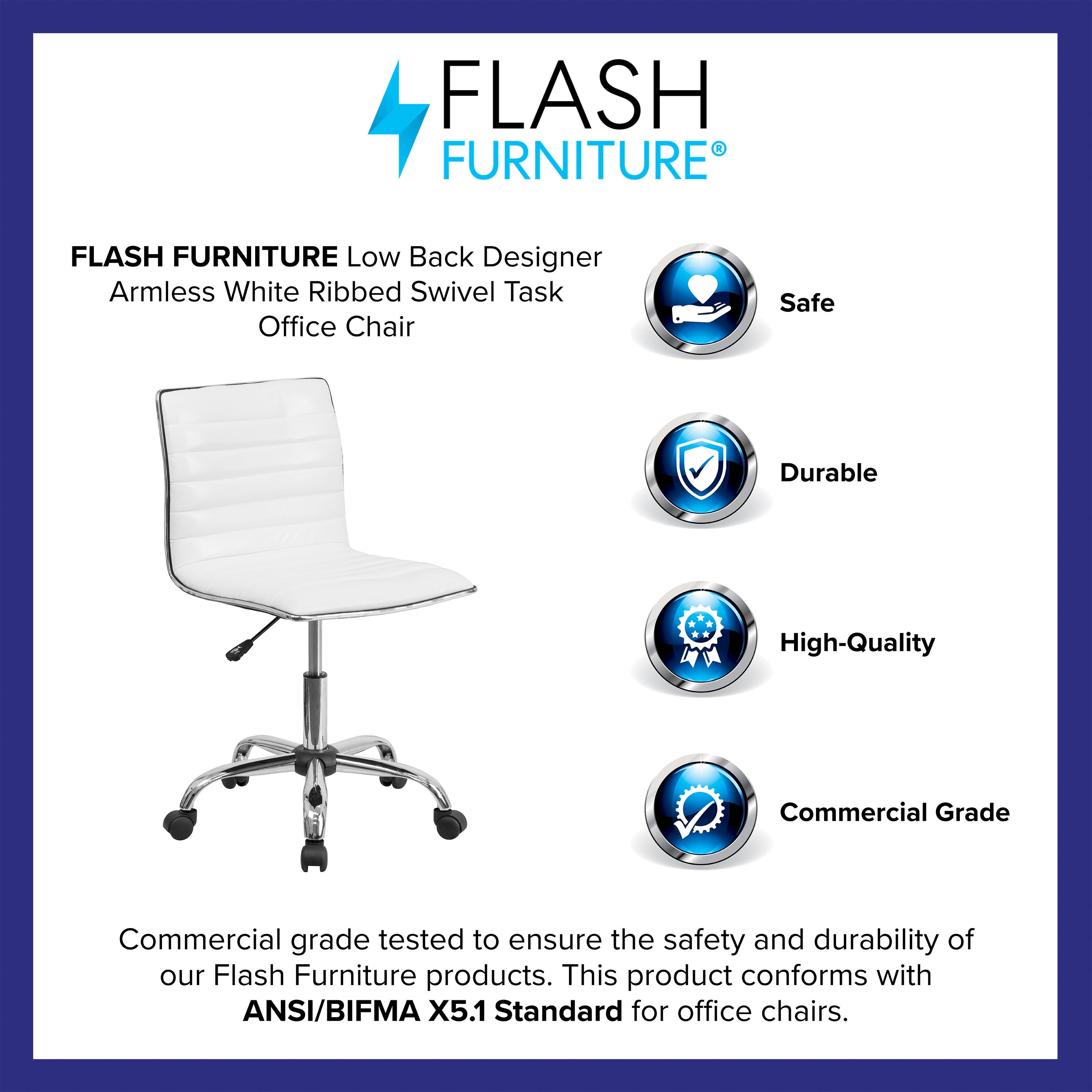 Alan Low Back Designer Armless White Ribbed Swivel Task Office Chair