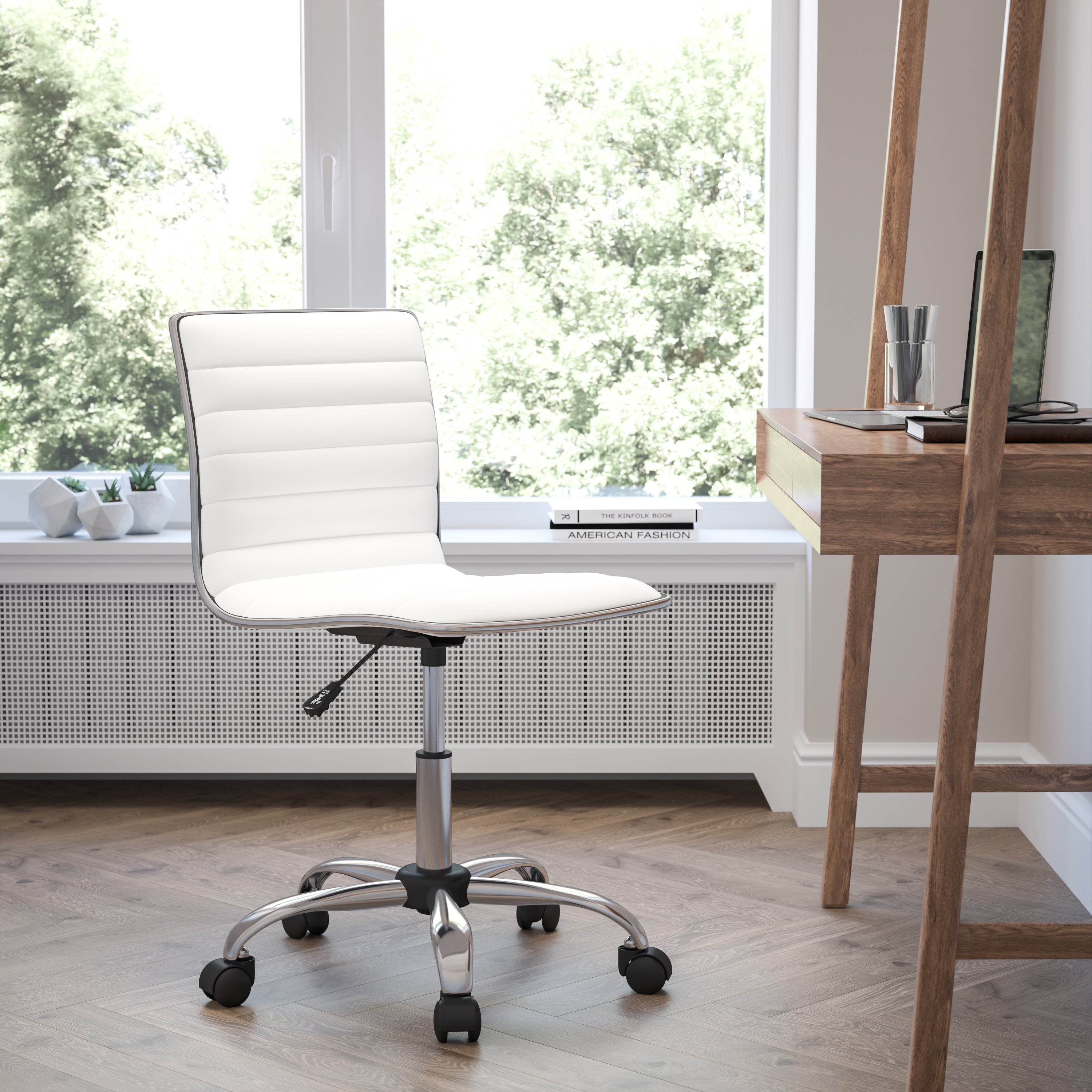 Alan Low Back Designer Armless White Ribbed Swivel Task Office Chair