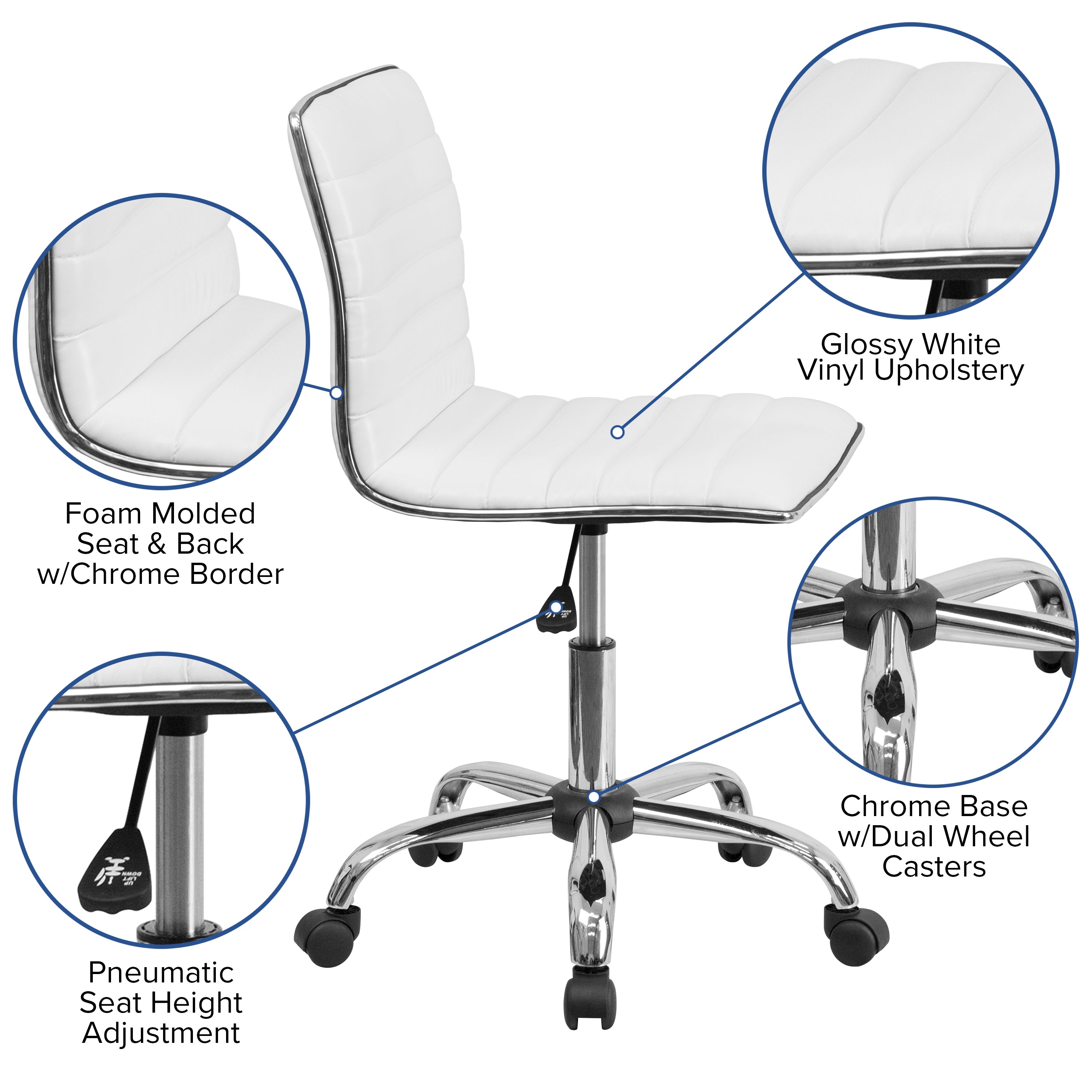 Alan Low Back Designer Armless White Ribbed Swivel Task Office Chair
