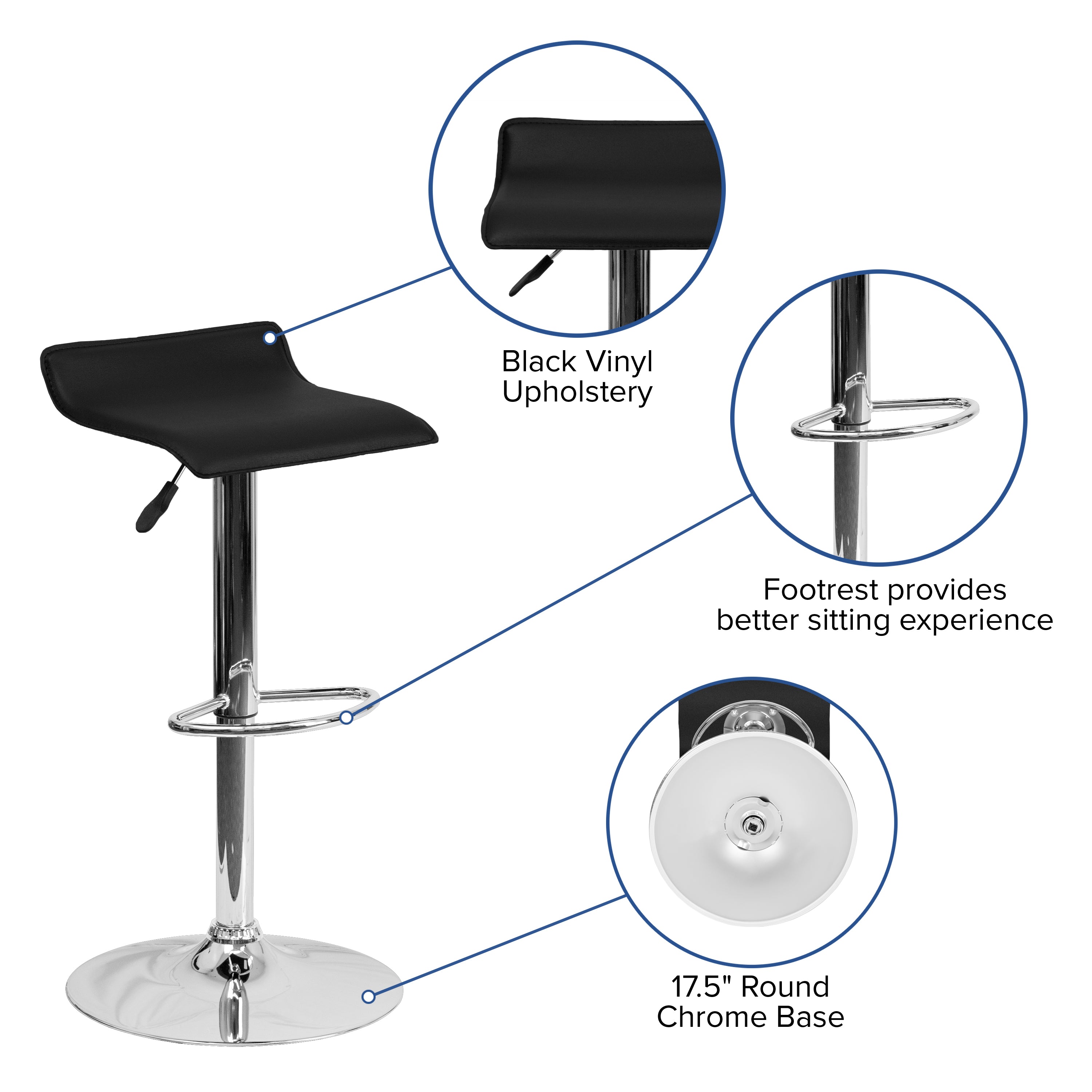 Dax Contemporary Black Vinyl Adjustable Height Barstool with Solid Wave Seat and Chrome Base