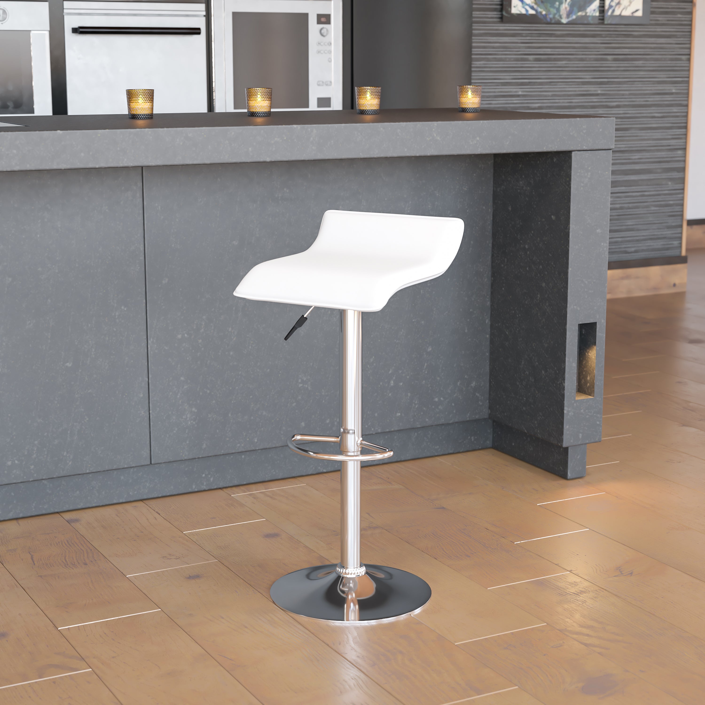 Dax Contemporary White Vinyl Adjustable Height Barstool with Solid Wave Seat and Chrome Base