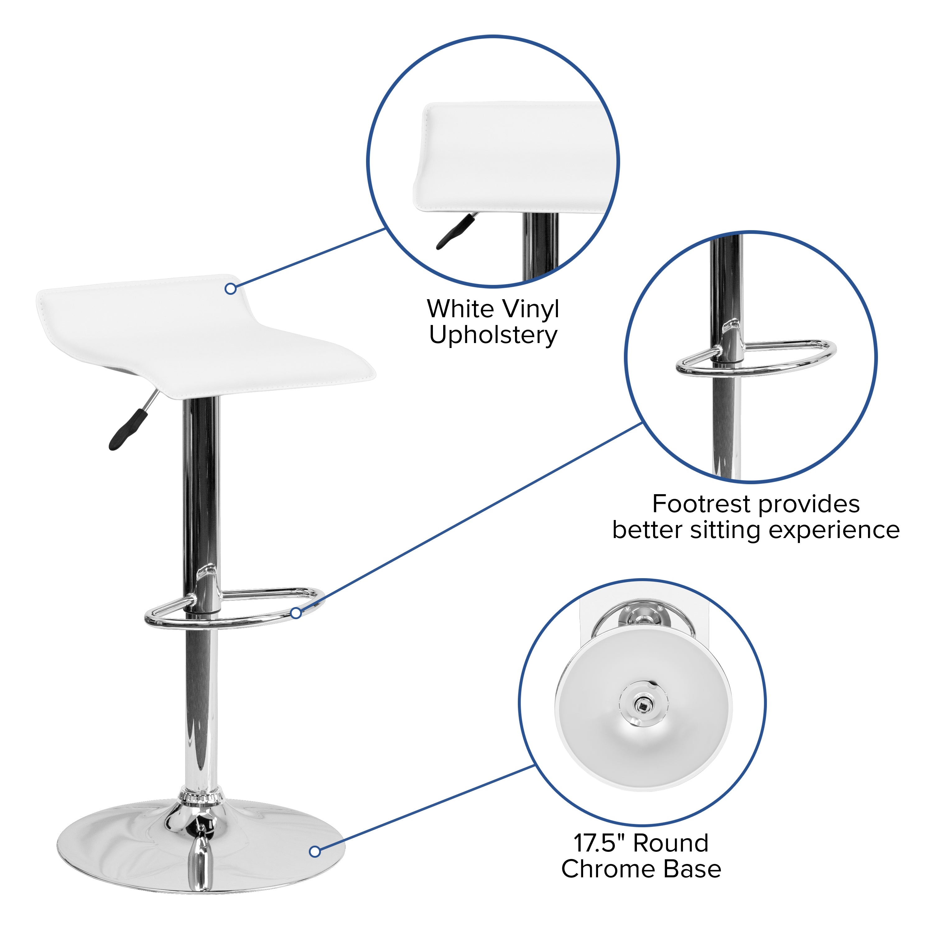 Dax Contemporary White Vinyl Adjustable Height Barstool with Solid Wave Seat and Chrome Base