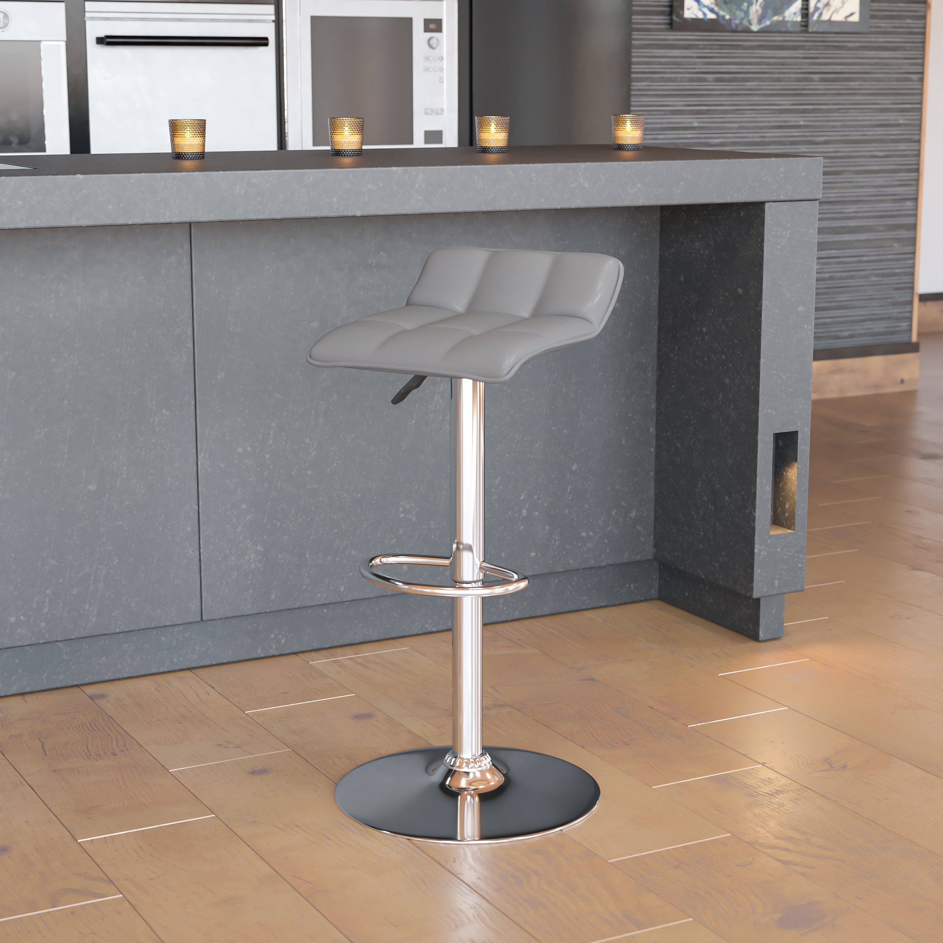 Mark Contemporary Gray Vinyl Adjustable Height Barstool with Quilted Wave Seat and Chrome Base