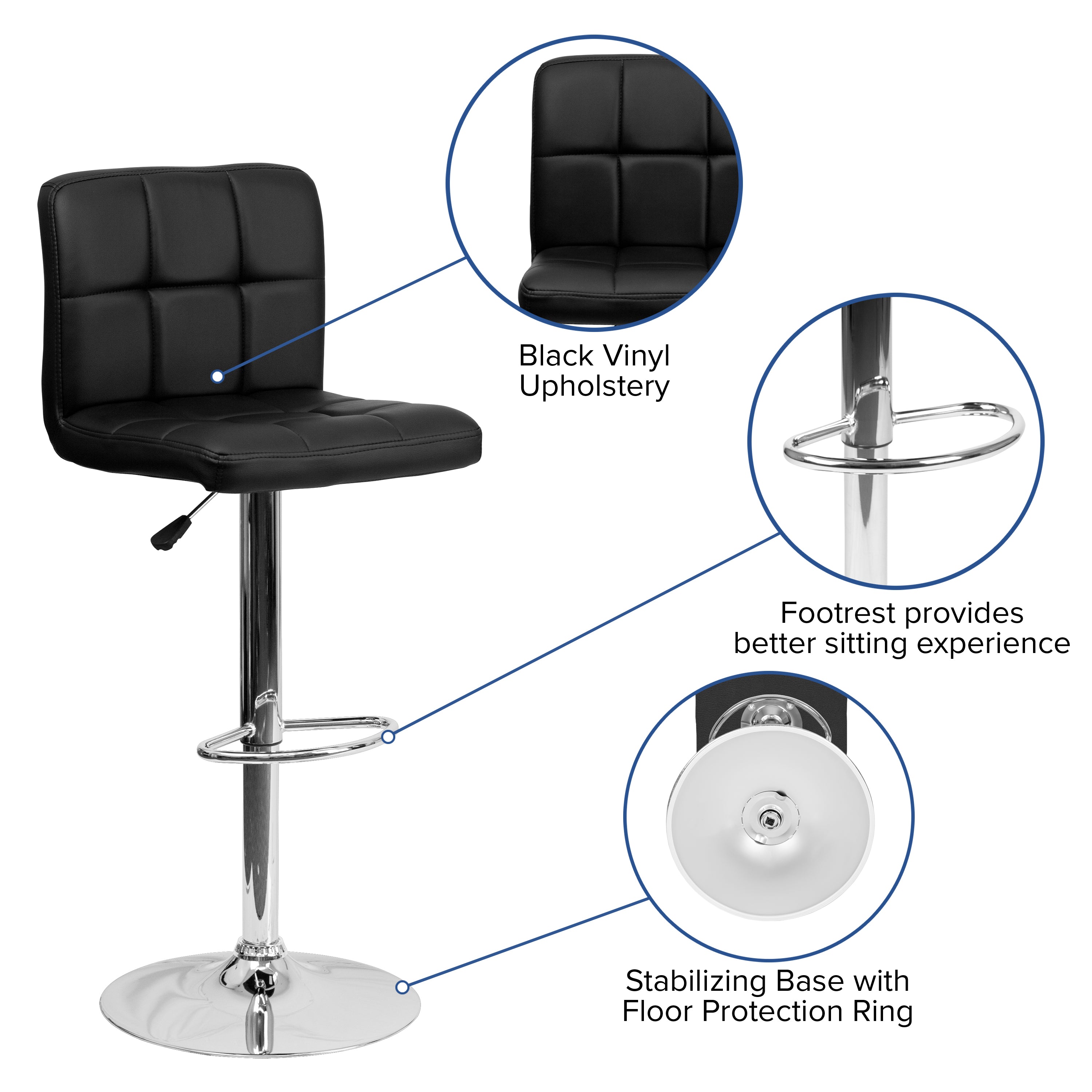 Kathleen Contemporary Black Quilted Vinyl Adjustable Height Barstool with Chrome Base