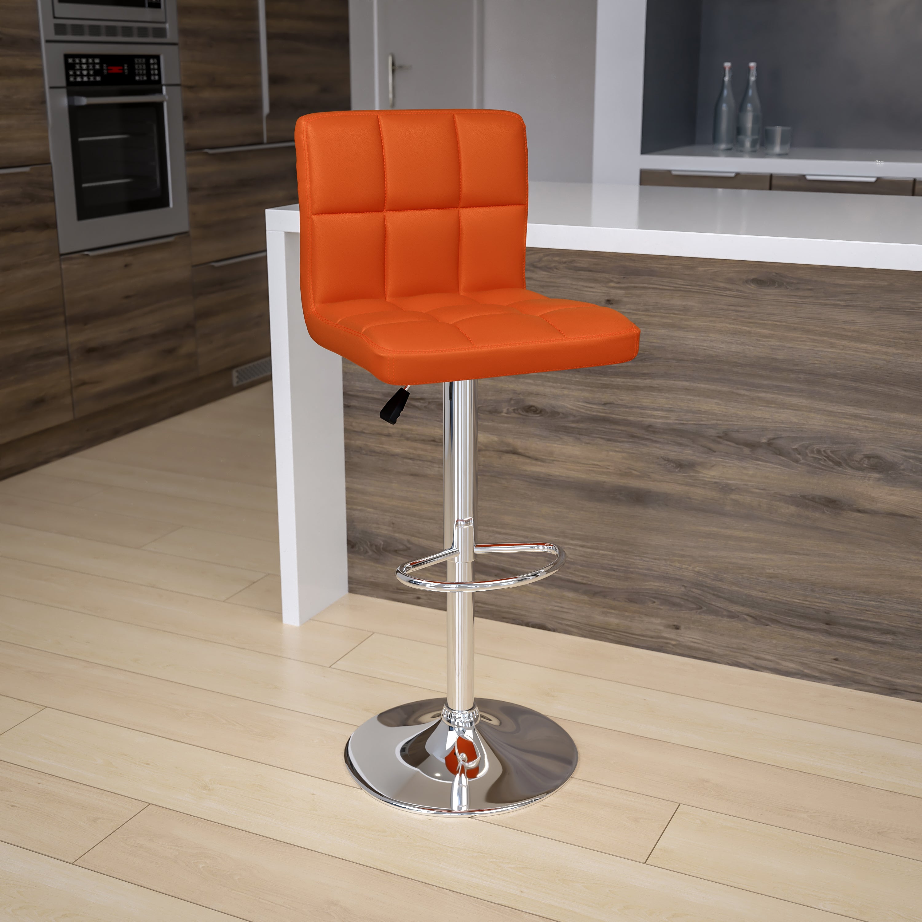 Kathleen Contemporary Orange Quilted Vinyl Adjustable Height Barstool with Chrome Base