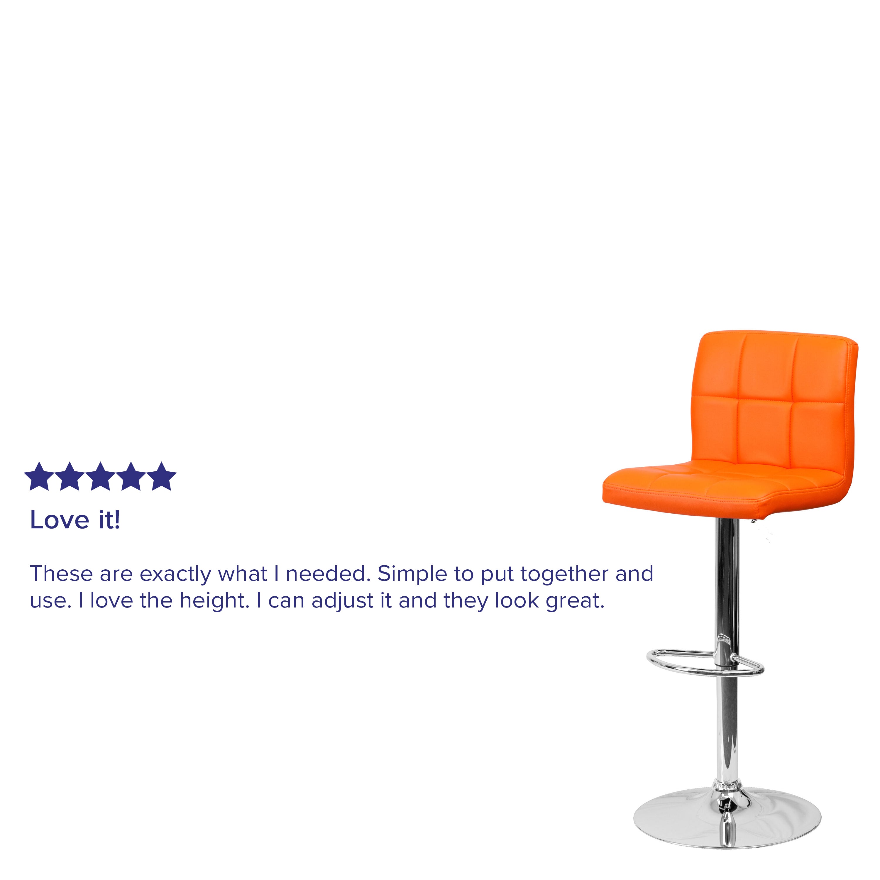 Kathleen Contemporary Orange Quilted Vinyl Adjustable Height Barstool with Chrome Base