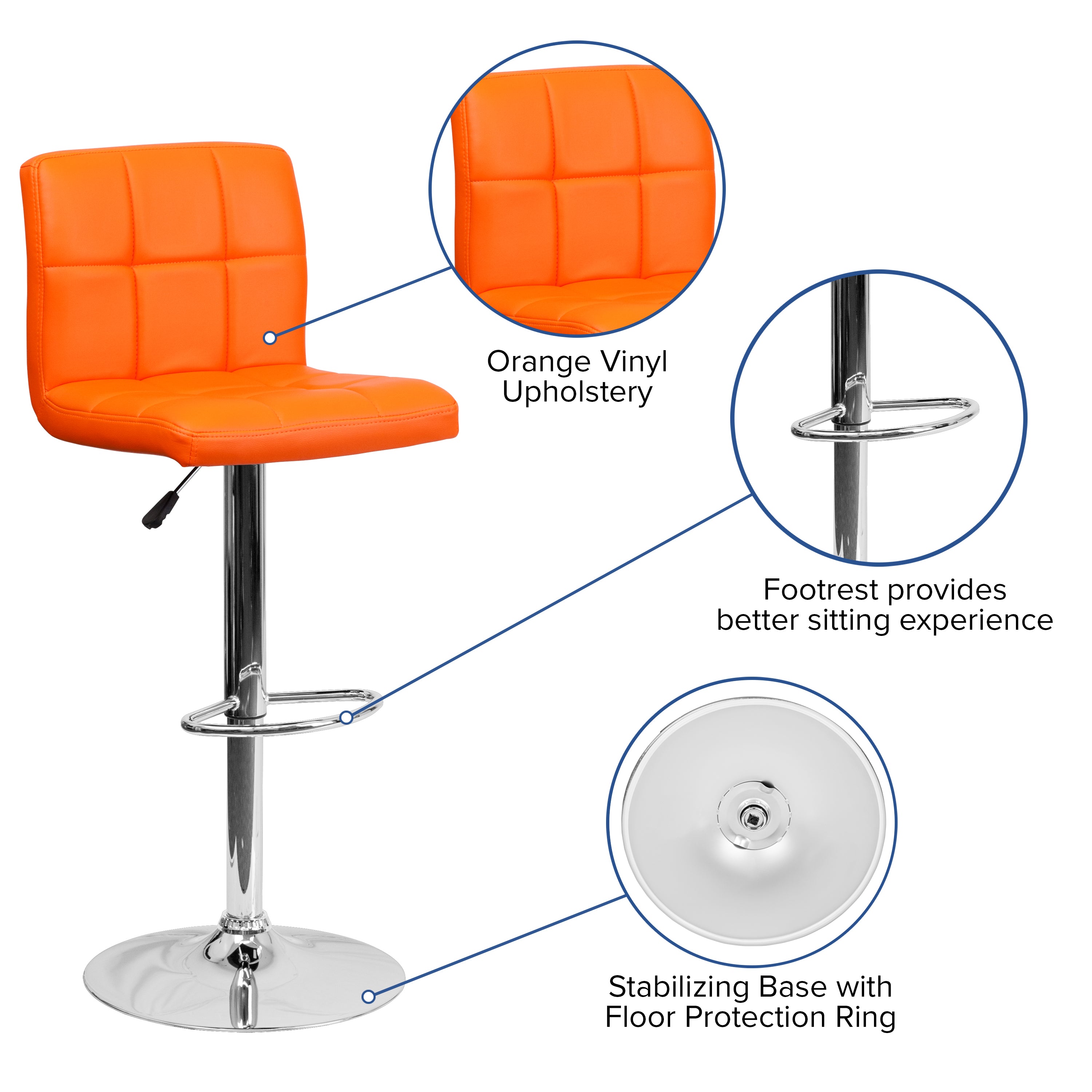 Kathleen Contemporary Orange Quilted Vinyl Adjustable Height Barstool with Chrome Base