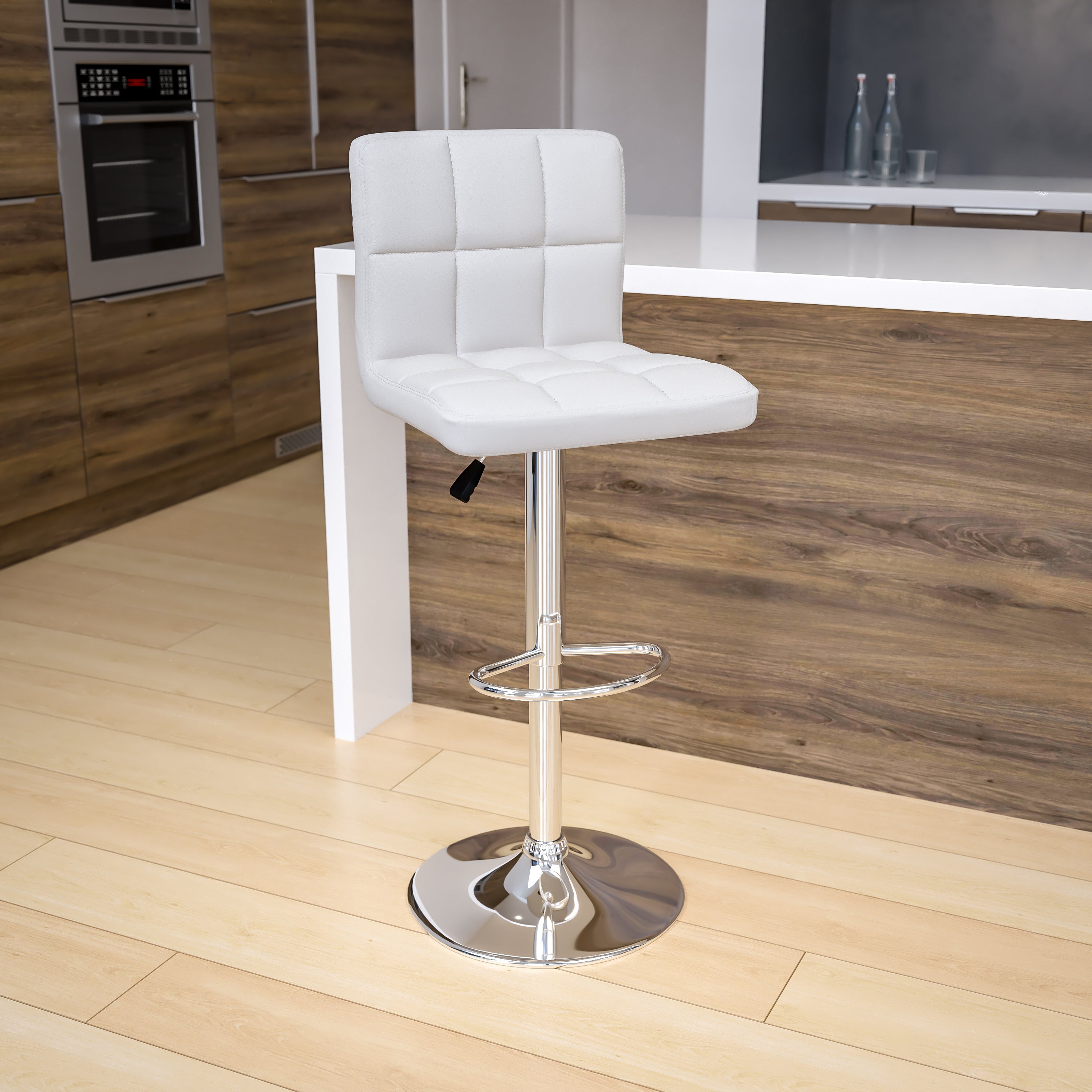 Kathleen Contemporary White Quilted Vinyl Adjustable Height Barstool with Chrome Base