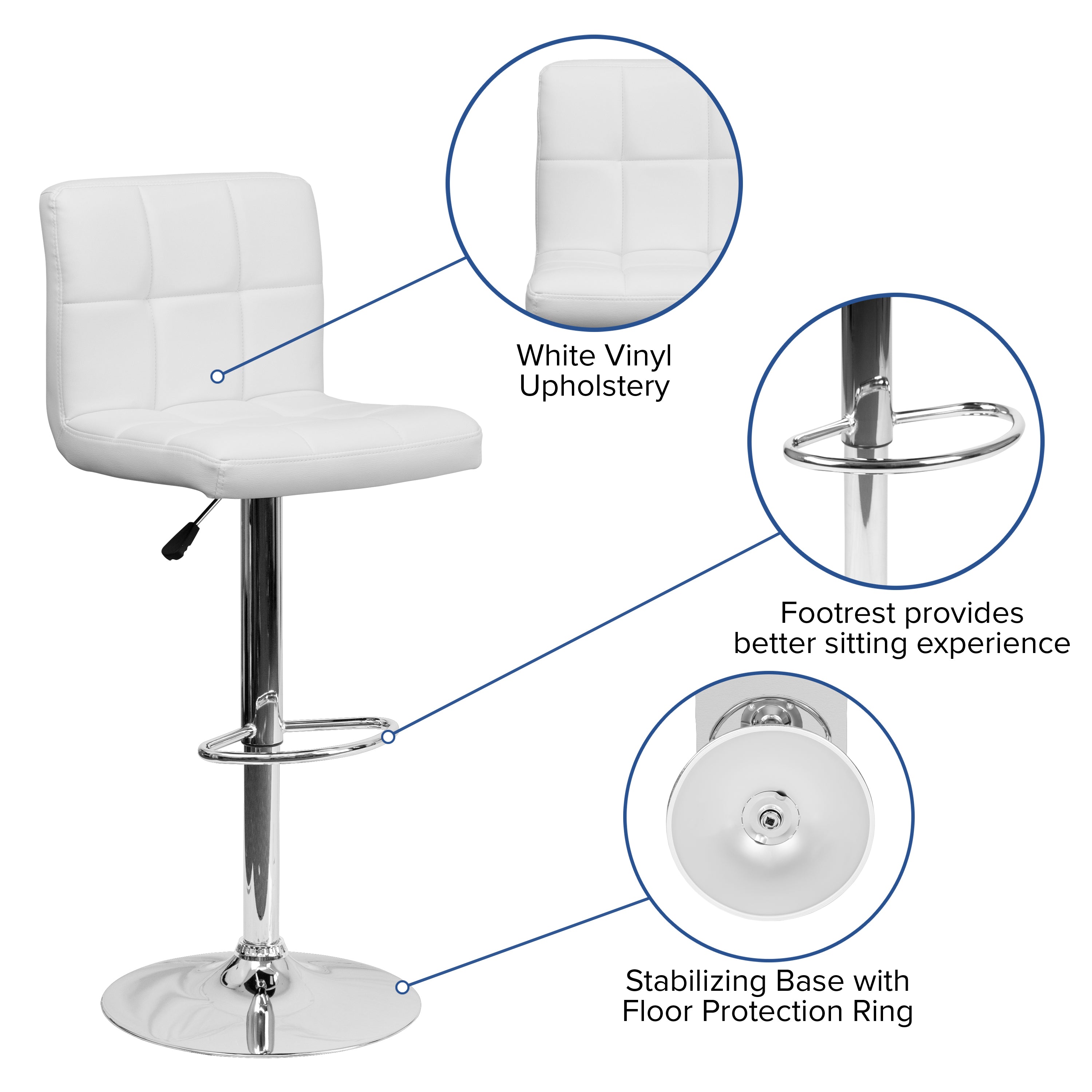 Kathleen Contemporary White Quilted Vinyl Adjustable Height Barstool with Chrome Base