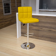 Kathleen Contemporary Yellow Quilted Vinyl Adjustable Height Barstool with Chrome Base
