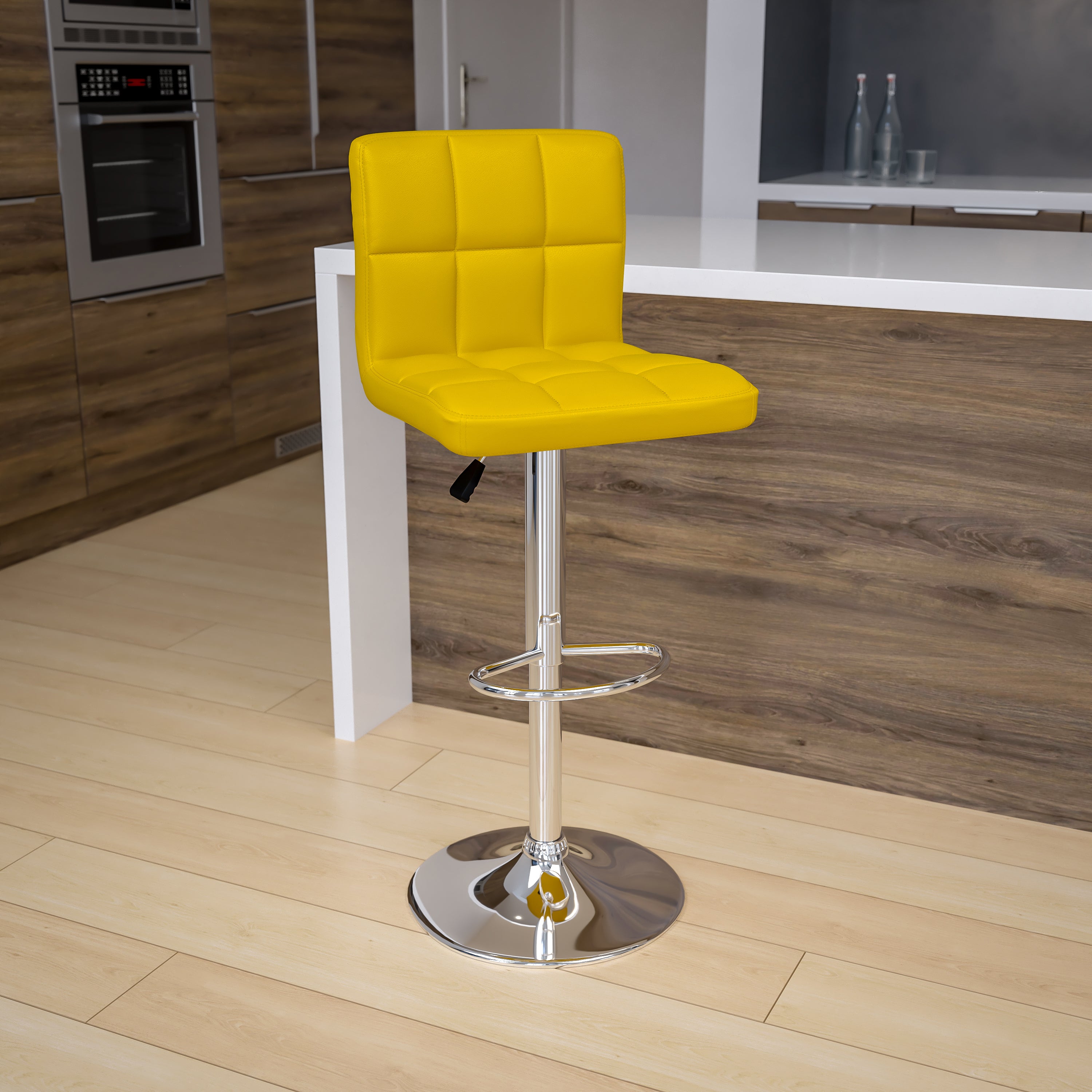 Kathleen Contemporary Yellow Quilted Vinyl Adjustable Height Barstool with Chrome Base