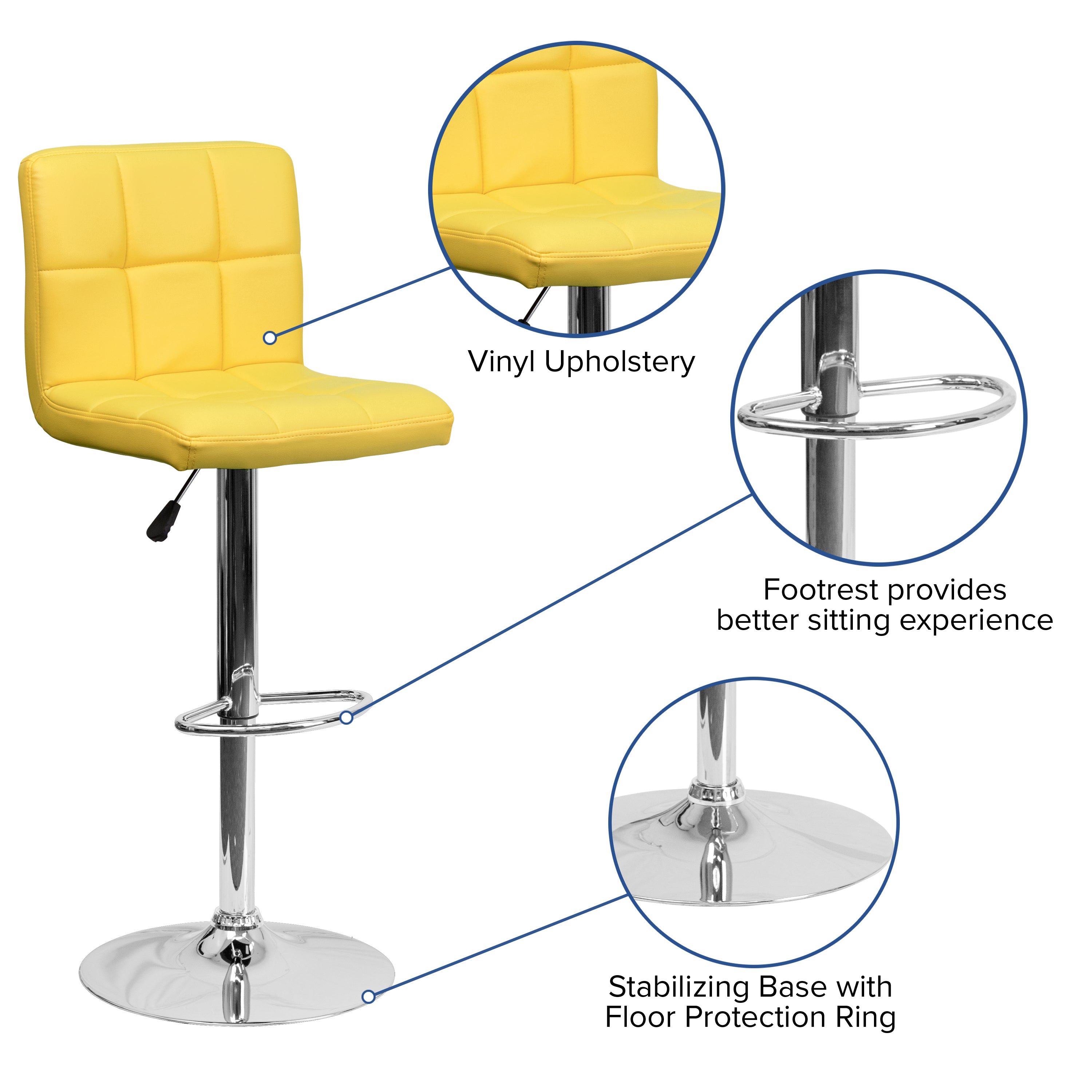 Kathleen Contemporary Yellow Quilted Vinyl Adjustable Height Barstool with Chrome Base
