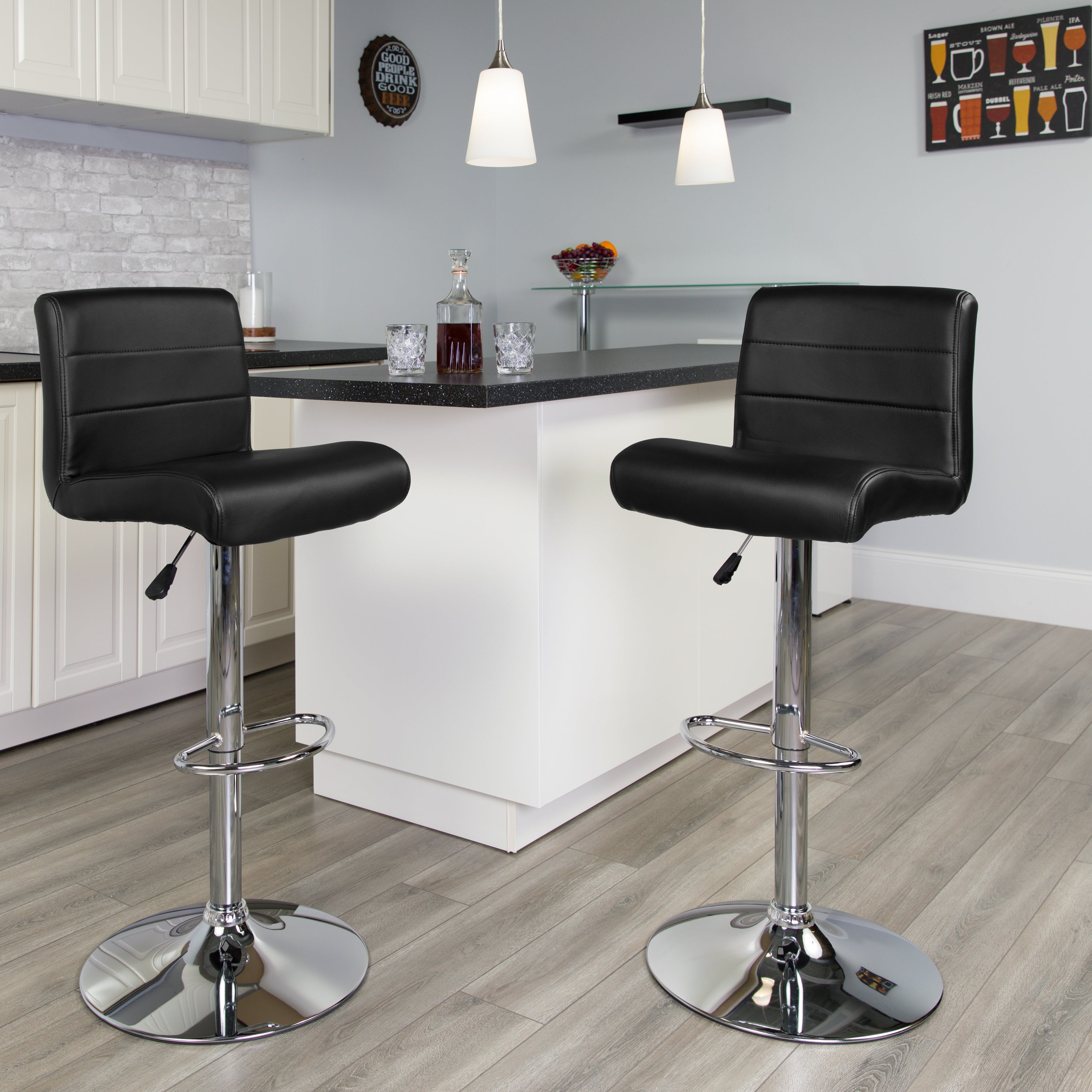 Scott Contemporary Black Vinyl Adjustable Height Barstool with Rolled Seat and Chrome Base