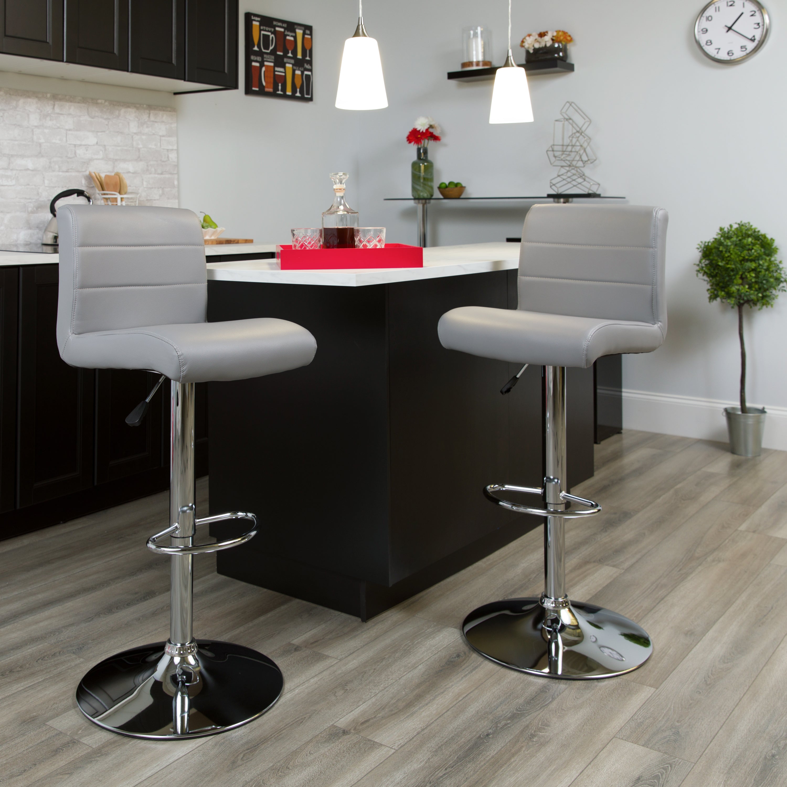 Scott Contemporary Gray Vinyl Adjustable Height Barstool with Rolled Seat and Chrome Base