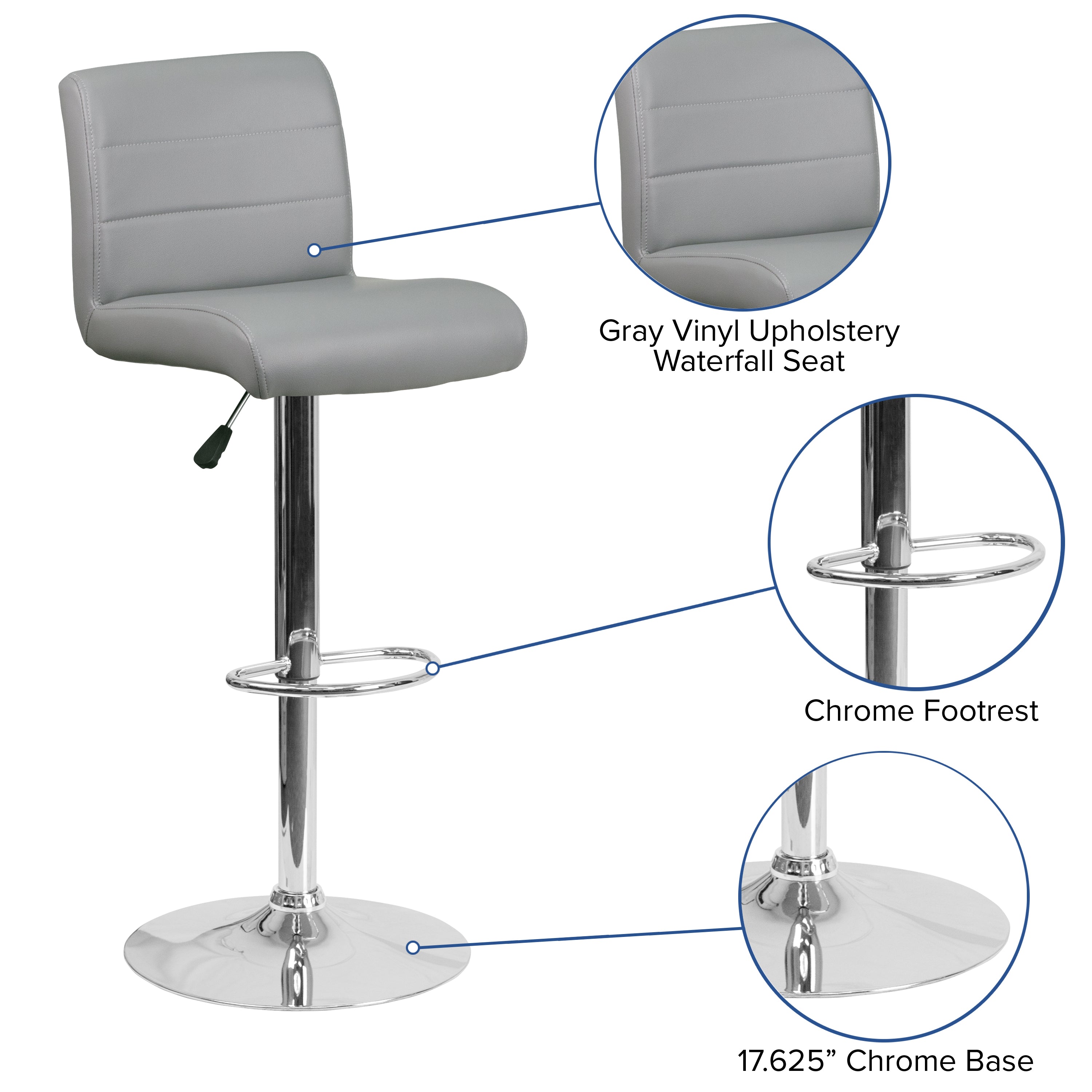 Scott Contemporary Gray Vinyl Adjustable Height Barstool with Rolled Seat and Chrome Base