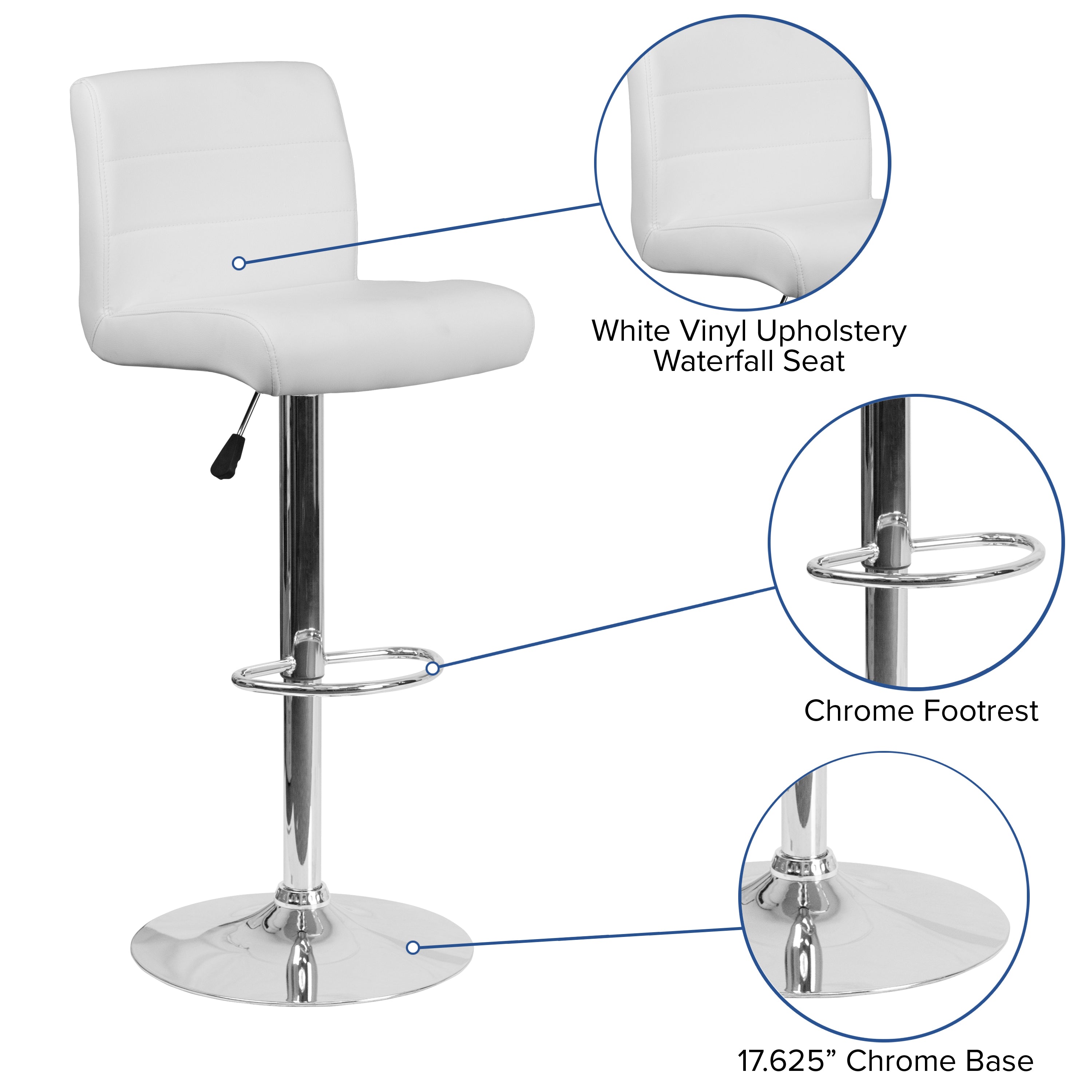 Scott Contemporary White Vinyl Adjustable Height Barstool with Rolled Seat and Chrome Base