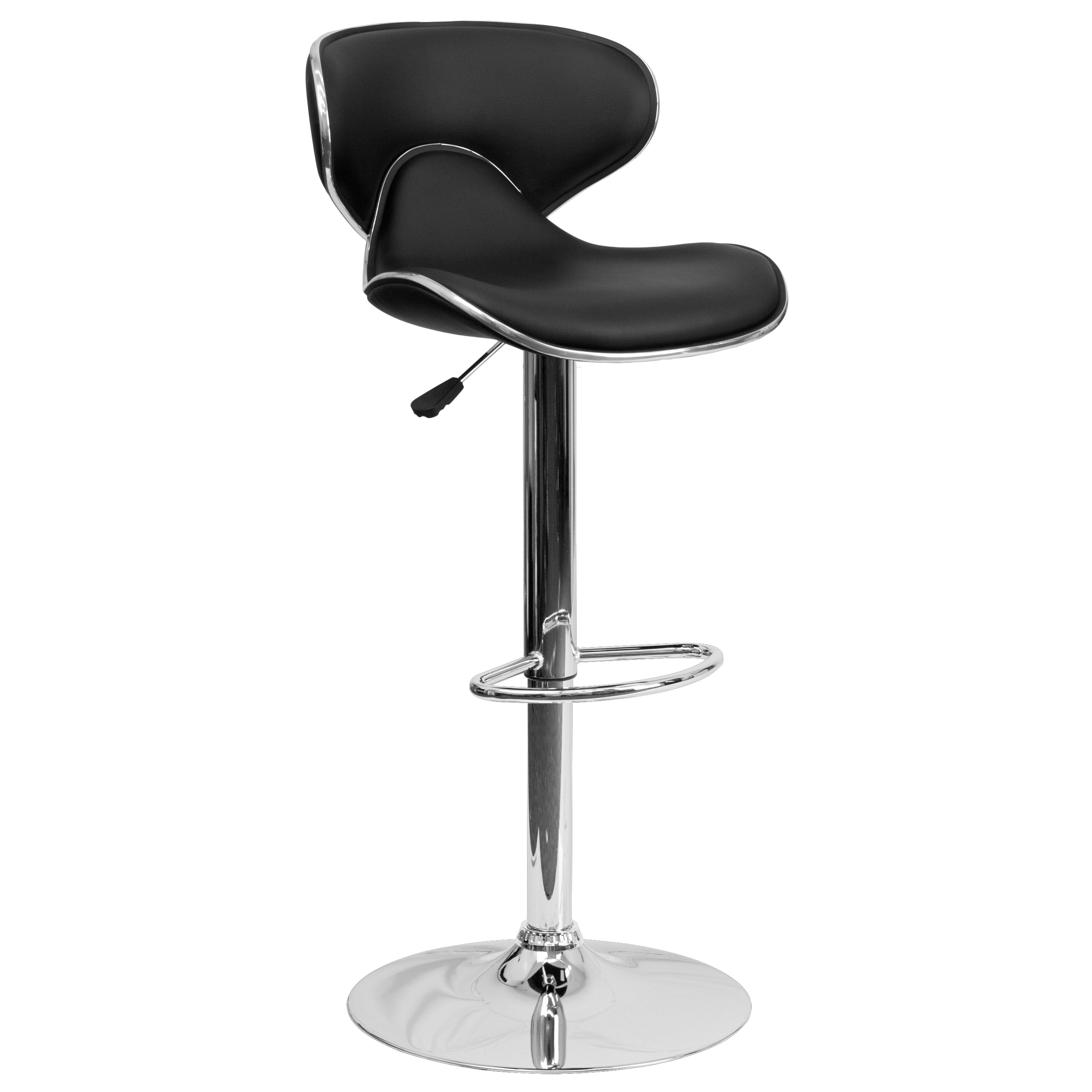 Devin Contemporary Cozy Mid-Back Black Vinyl Adjustable Height Barstool with Chrome Base