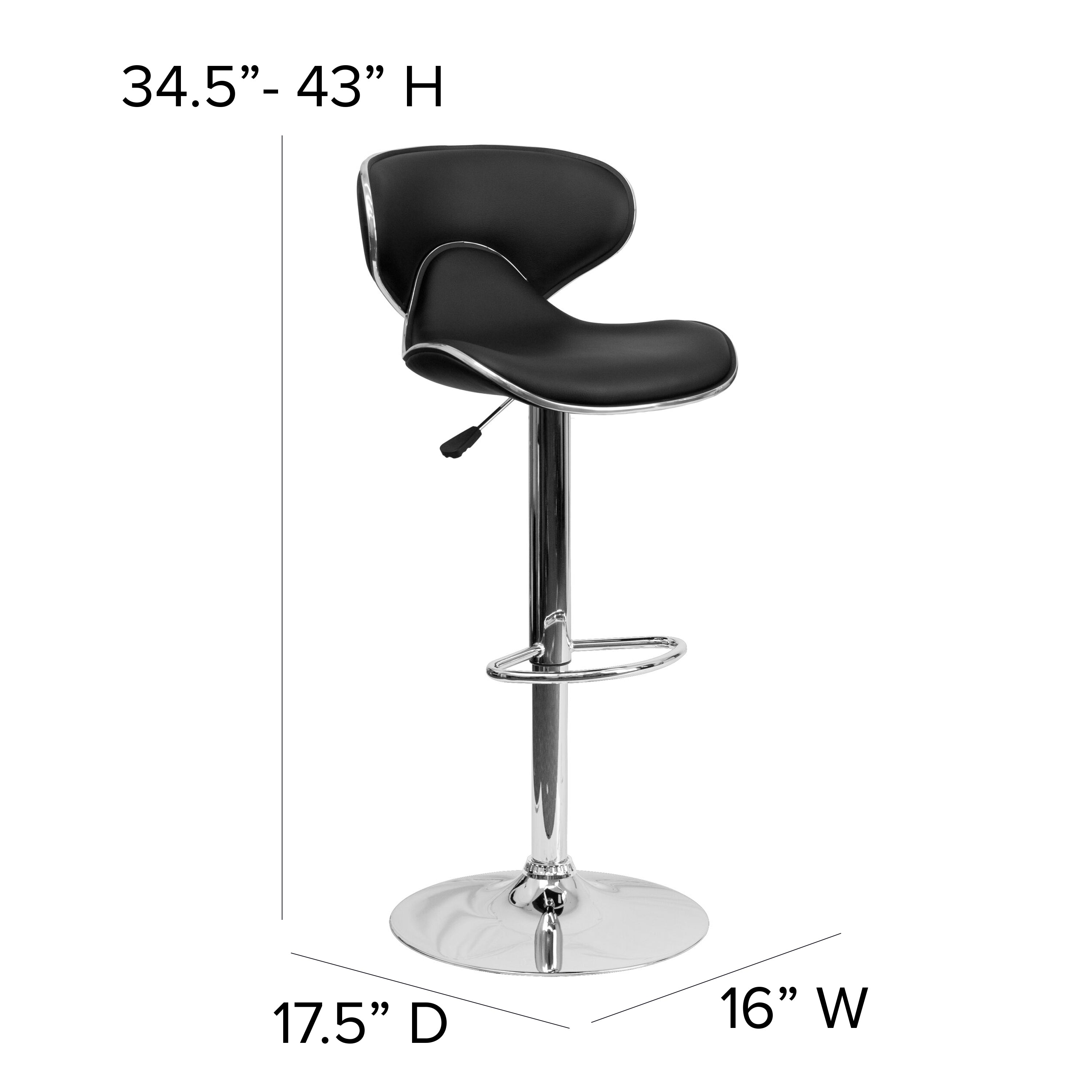 Devin Contemporary Cozy Mid-Back Black Vinyl Adjustable Height Barstool with Chrome Base