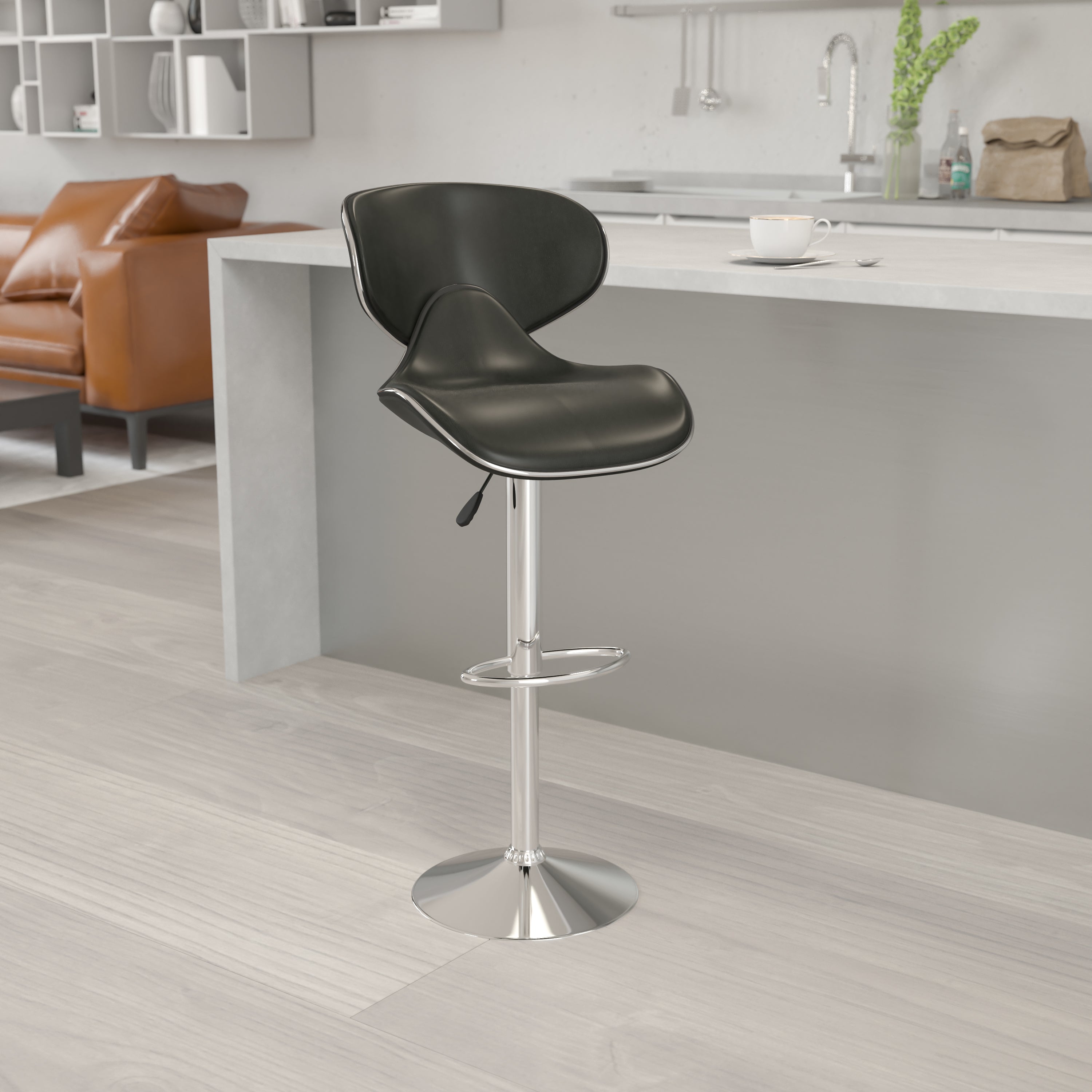 Devin Contemporary Cozy Mid-Back Black Vinyl Adjustable Height Barstool with Chrome Base