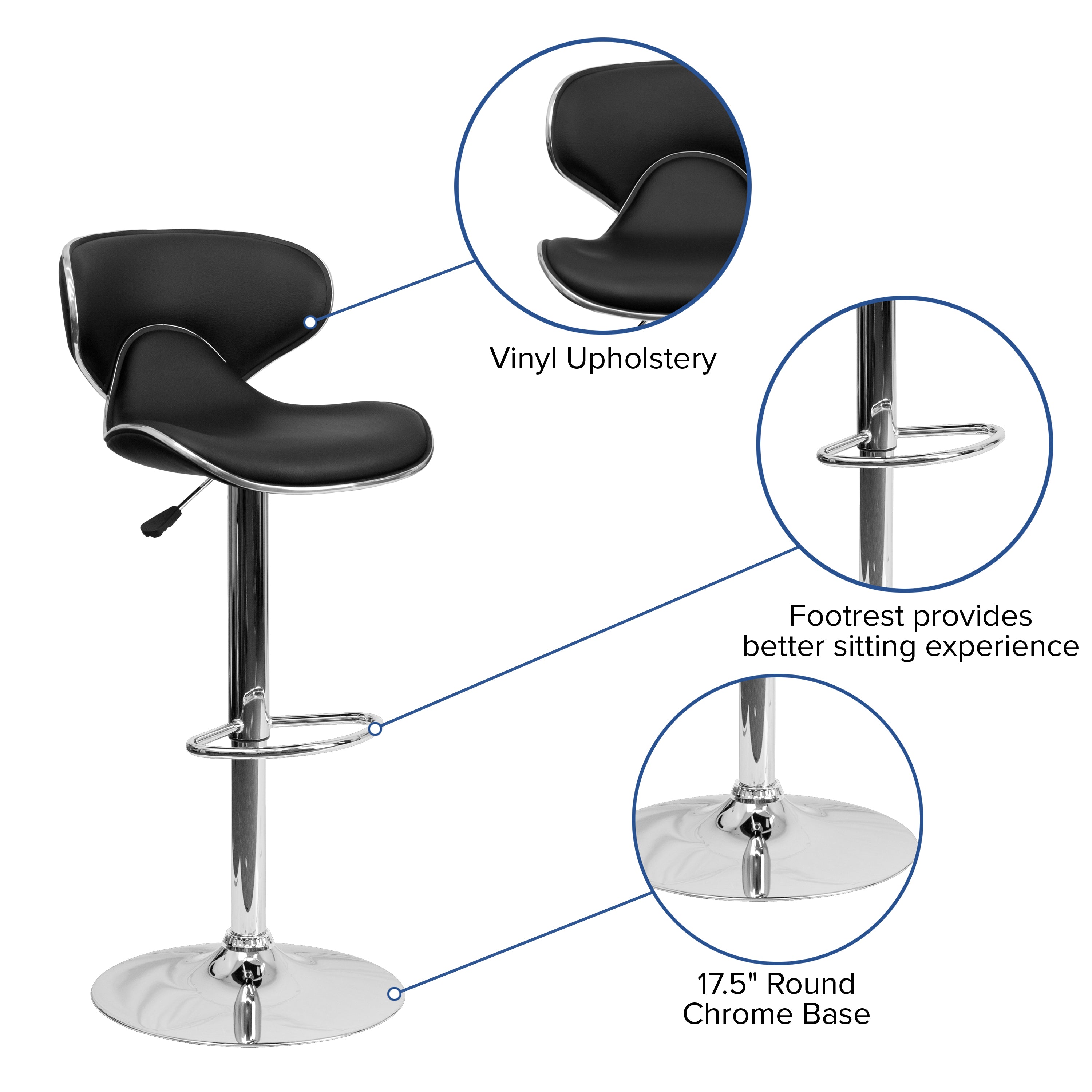 Devin Contemporary Cozy Mid-Back Black Vinyl Adjustable Height Barstool with Chrome Base