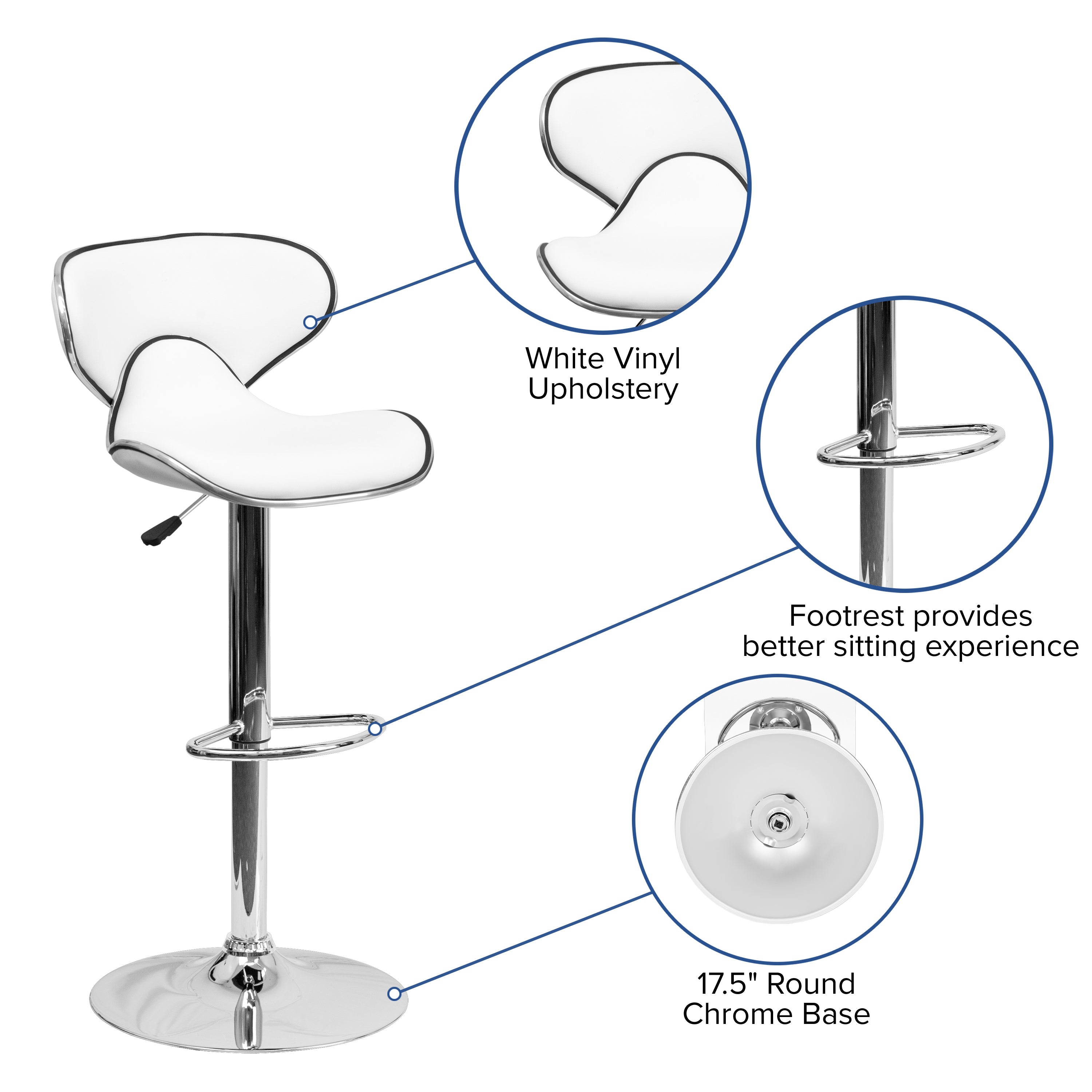 Devin Contemporary Cozy Mid-Back White Vinyl Adjustable Height Barstool with Chrome Base