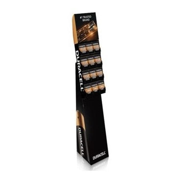 Duracell Optimum 1 Tray Floor Stand Display- 36 Count - Includes: 12 packs of DUROPT1500B12, 6 packs of DUROPT2400B12, 12 packs of DURMN1500B16Z, and 6 packs of DURMN2400B16Z, Set up Dimensions: Side to Side: 13.75", Front to Back: 18.375", Height: 51.75"