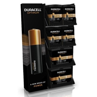 Duracell Optimum Side Wing Stand Display - 38 Count - Includes: DUROPT1500B6 - 20 Packs and DUROPT2400B6 - 18 Packs, Size: Side to Side: 13.37", Front to Back: 4.81", Height: 23.75"