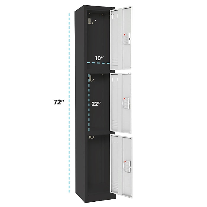 72" H x 12" W  Triple Tier Steel Storage Locker with Digital Lock, Black and White