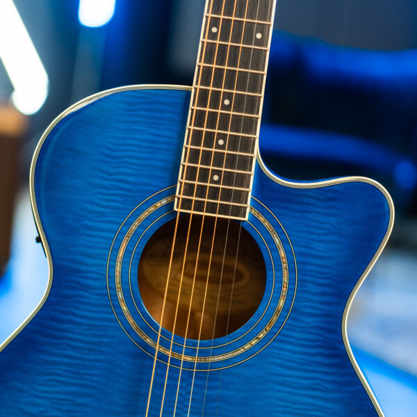 Washburn EA15 Festival Series Mini Jumbo Cutaway Acoustic Electric Guitar, Flame Transparent Blue
