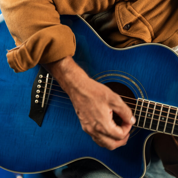 Washburn EA15 Festival Series Mini Jumbo Cutaway Acoustic Electric Guitar, Flame Transparent Blue